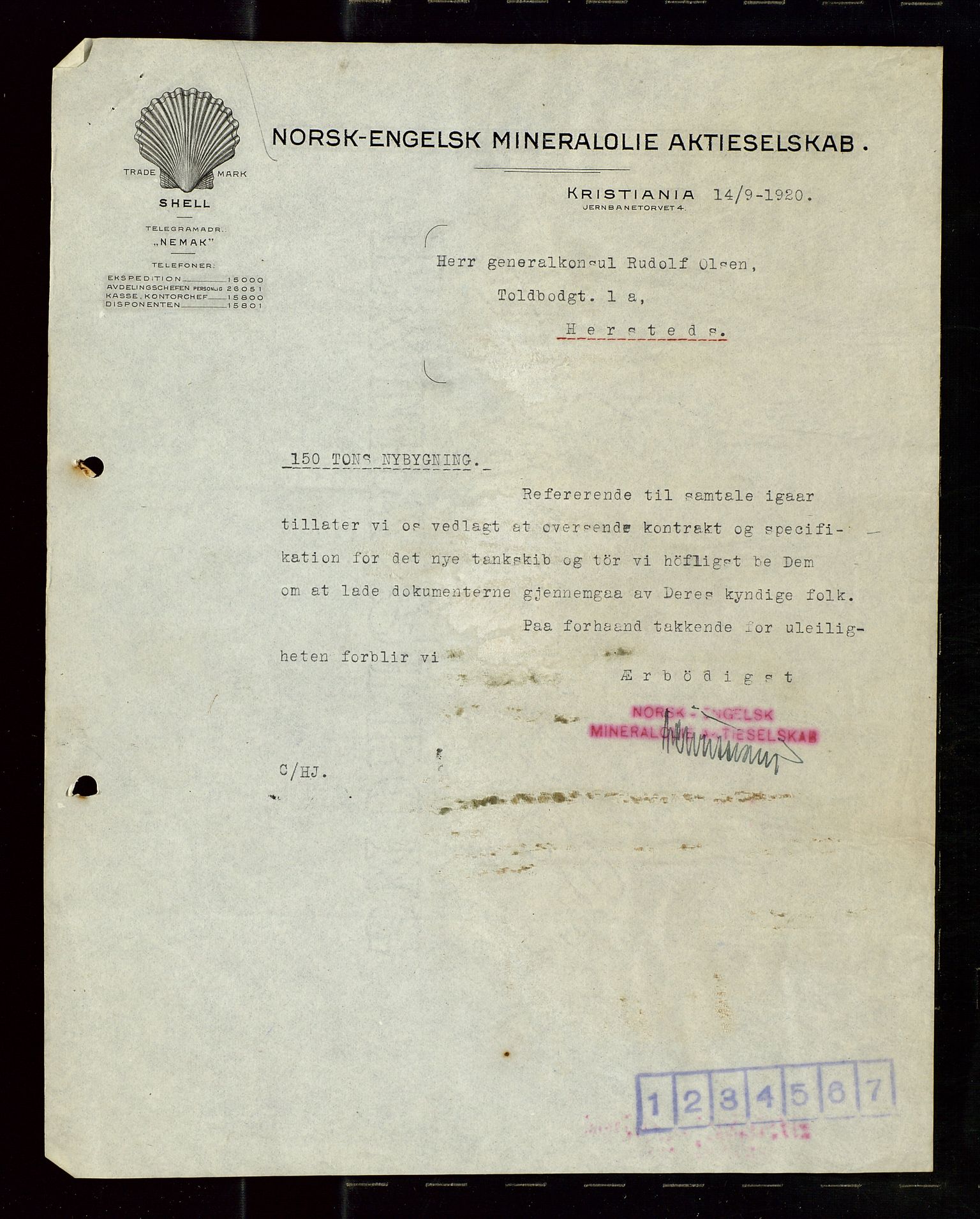 Pa 1521 - A/S Norske Shell, AV/SAST-A-101915/E/Ea/Eaa/L0010: Sjefskorrespondanse, 1920, p. 182