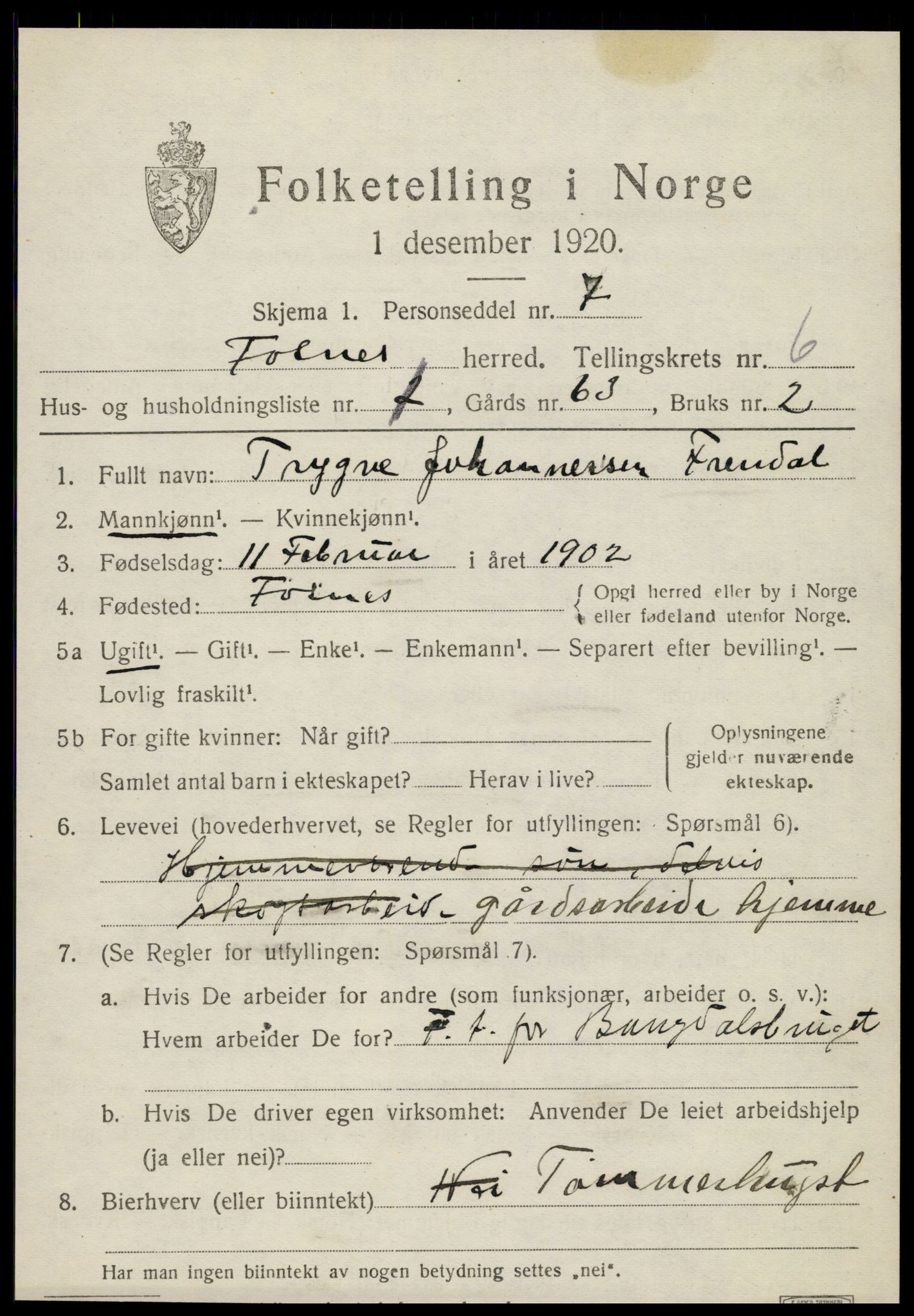 SAT, 1920 census for Fosnes, 1920, p. 2583