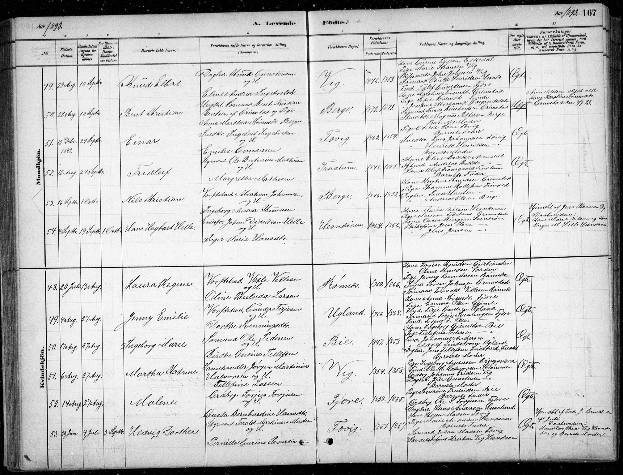 Fjære sokneprestkontor, AV/SAK-1111-0011/F/Fb/L0011: Parish register (copy) no. B 11, 1881-1905, p. 167