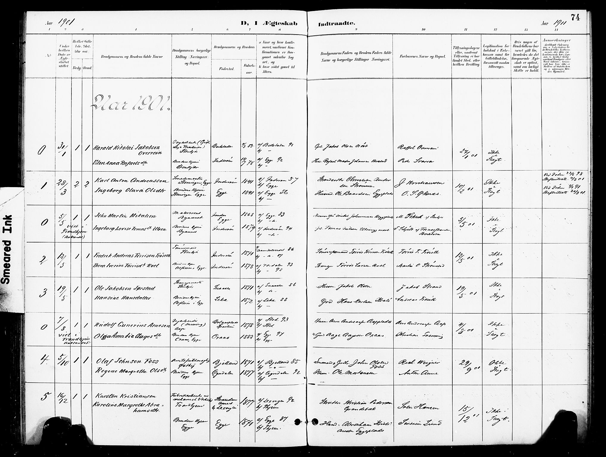 Ministerialprotokoller, klokkerbøker og fødselsregistre - Nord-Trøndelag, AV/SAT-A-1458/740/L0379: Parish register (official) no. 740A02, 1895-1907, p. 74