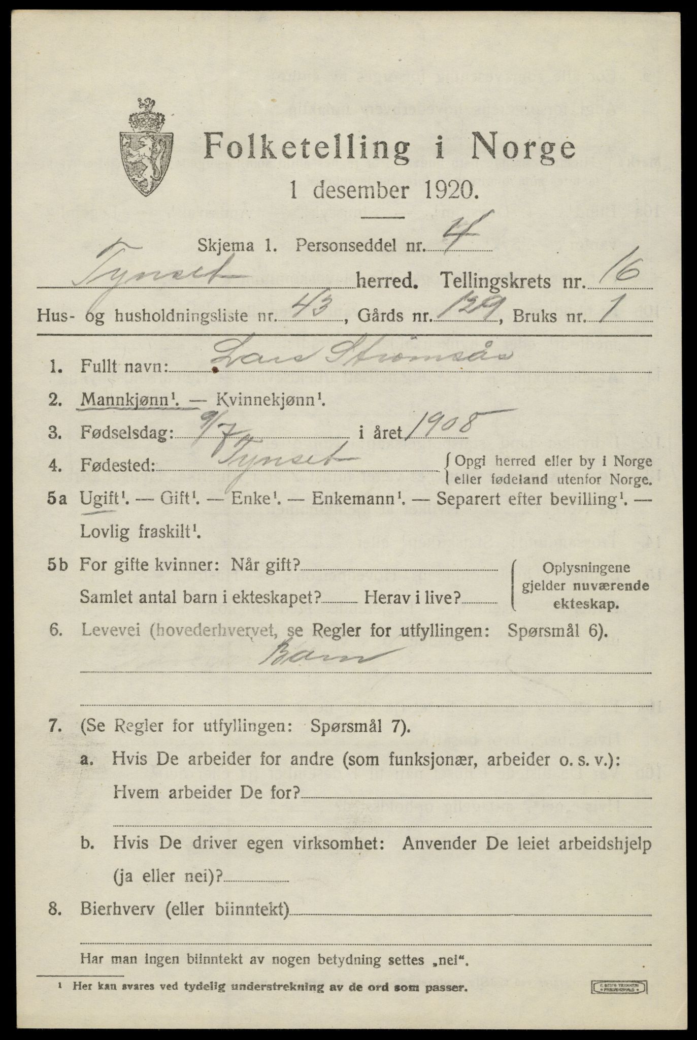 SAH, 1920 census for Tynset, 1920, p. 10158