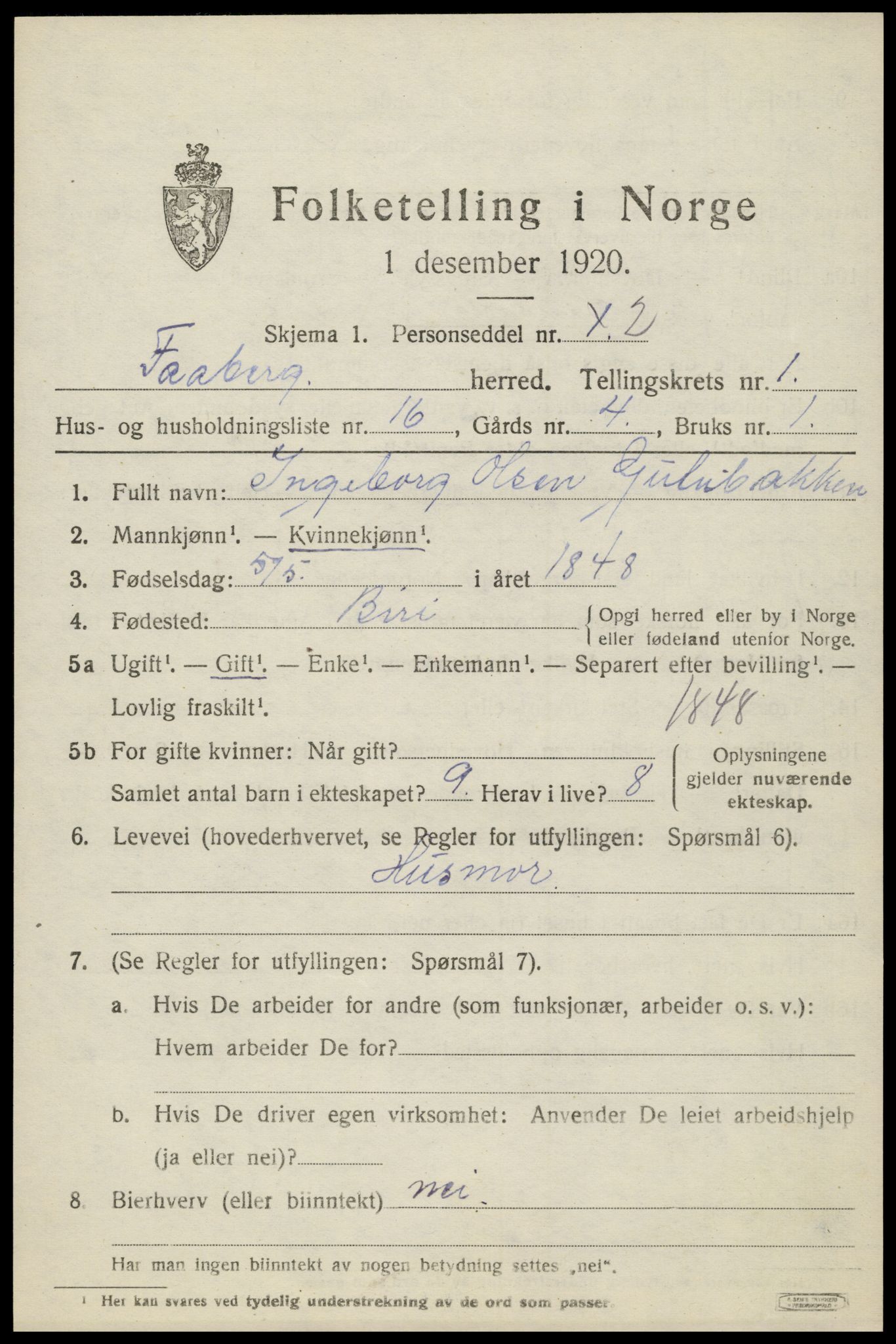 SAH, 1920 census for Fåberg, 1920, p. 2438