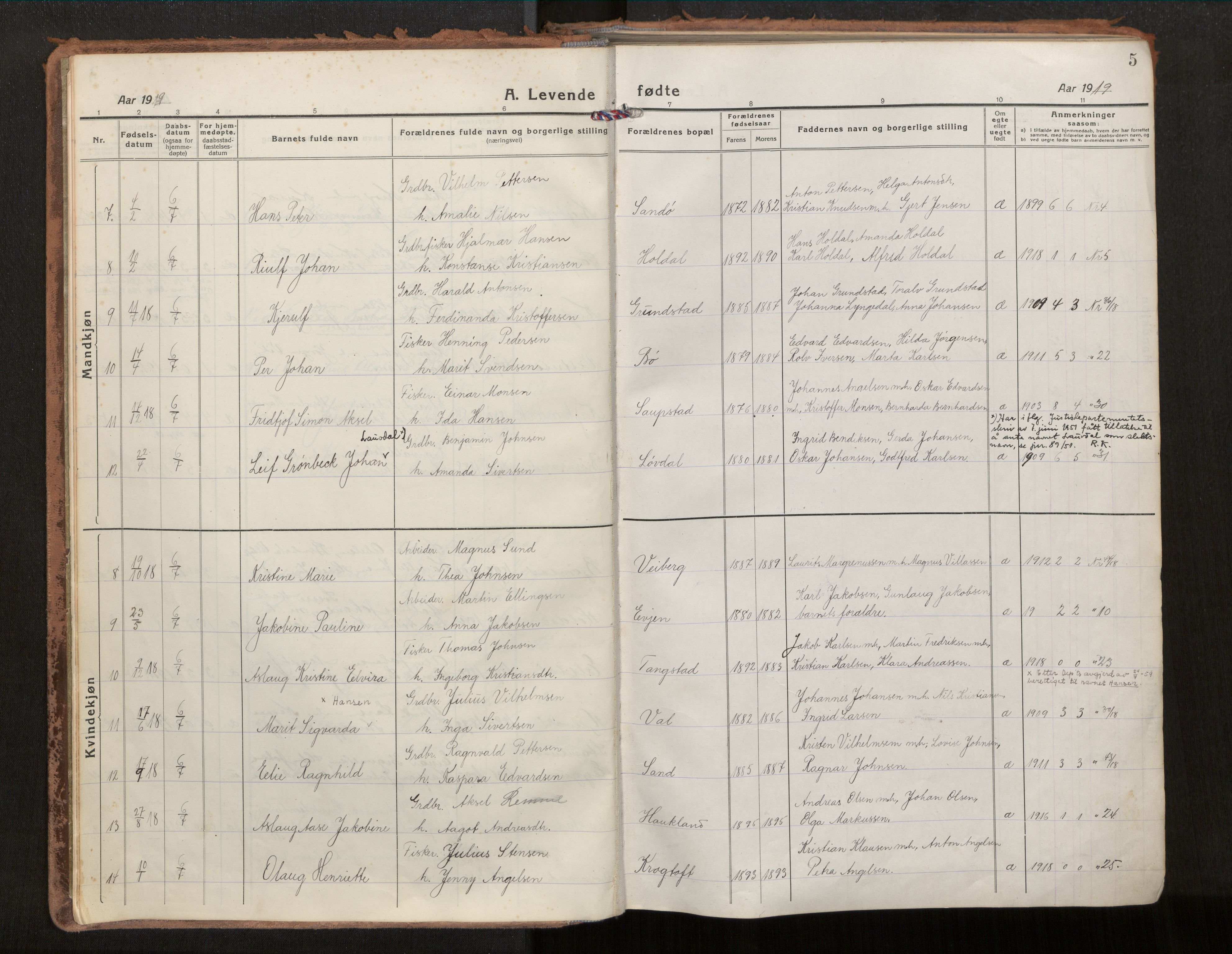 Ministerialprotokoller, klokkerbøker og fødselsregistre - Nordland, SAT/A-1459/880/L1136: Parish register (official) no. 880A10, 1919-1927, p. 5