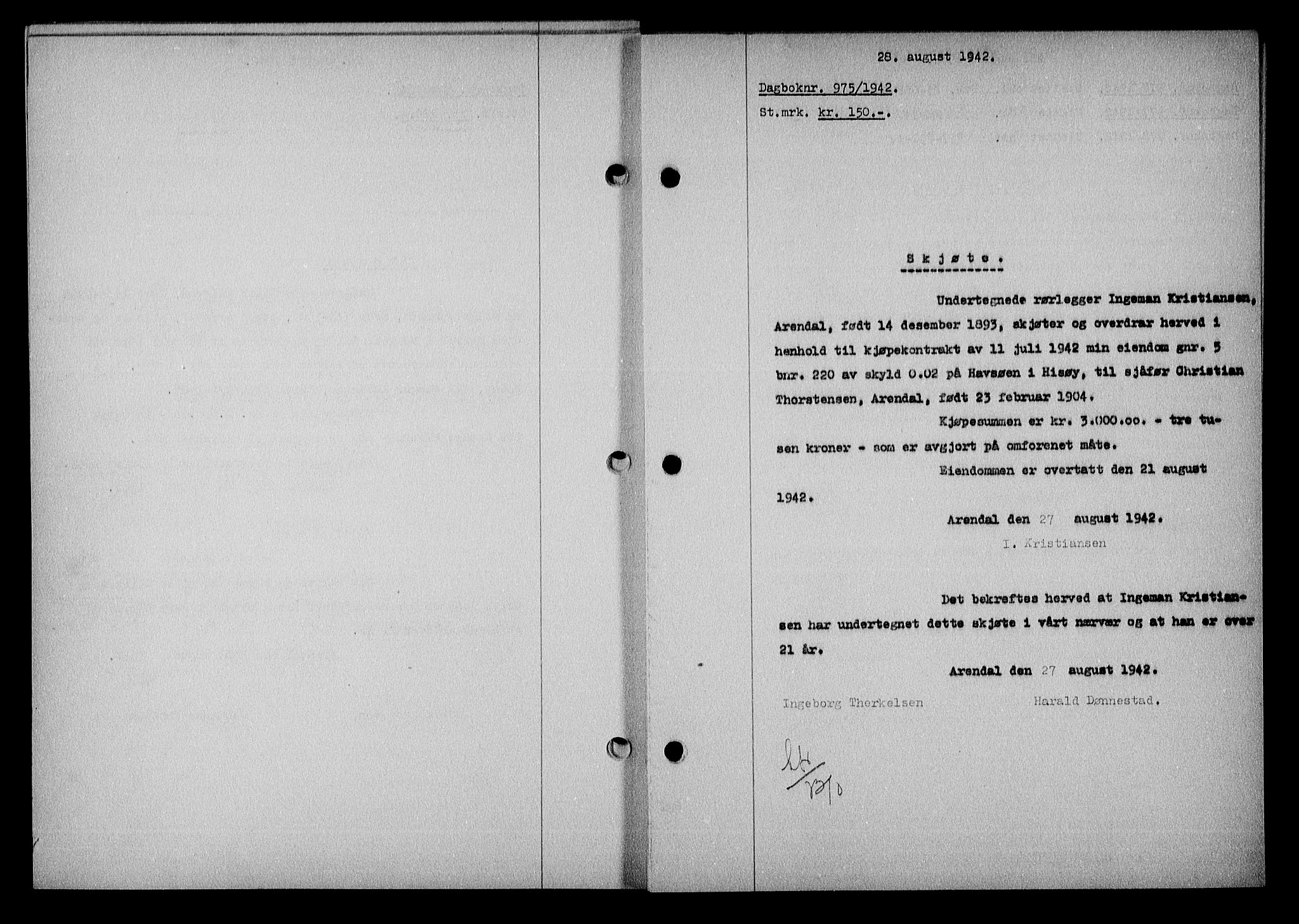 Nedenes sorenskriveri, SAK/1221-0006/G/Gb/Gba/L0049: Mortgage book no. A-III, 1941-1942, Diary no: : 975/1942