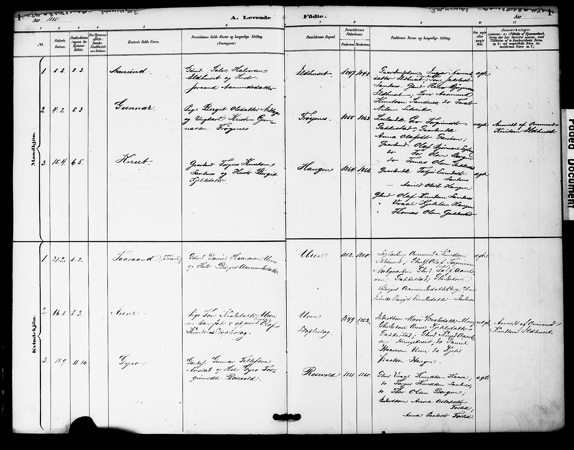 Bygland sokneprestkontor, SAK/1111-0006/F/Fa/Fac/L0001: Parish register (official) no. A 1, 1885-1909, p. 1