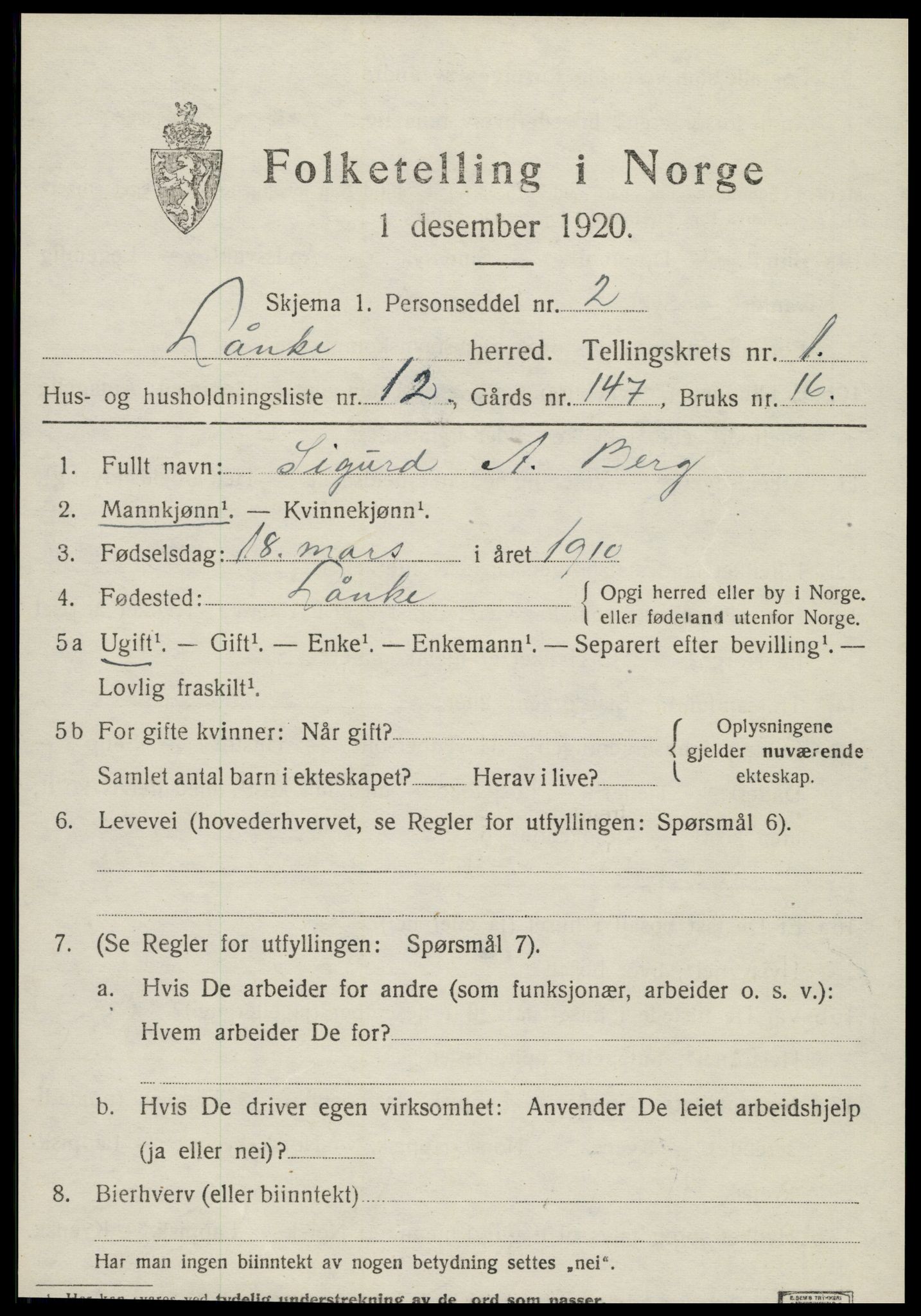 SAT, 1920 census for Lånke, 1920, p. 658