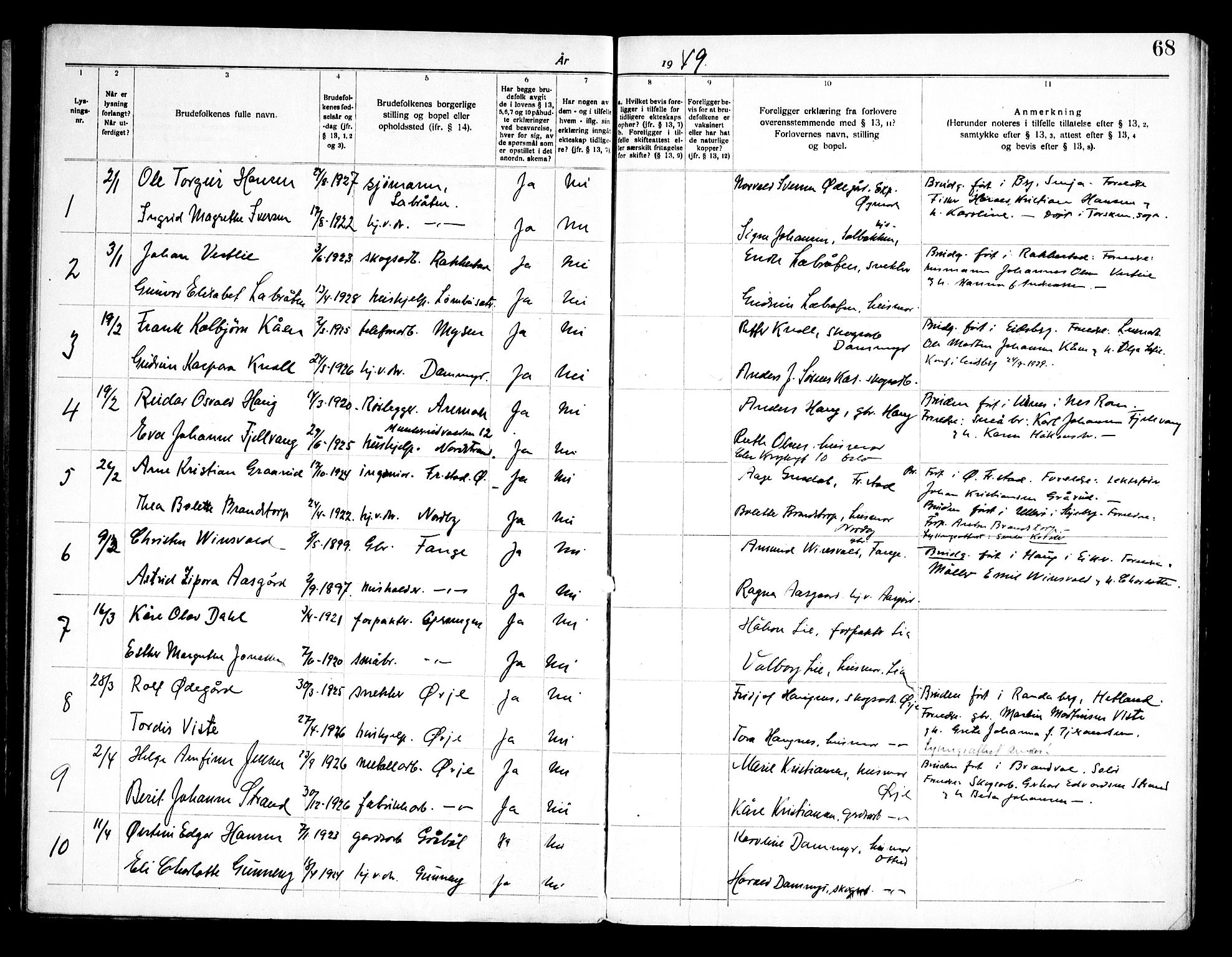 Aremark prestekontor Kirkebøker, SAO/A-10899/H/Ha/L0001: Banns register no. 1, 1919-1962, p. 68