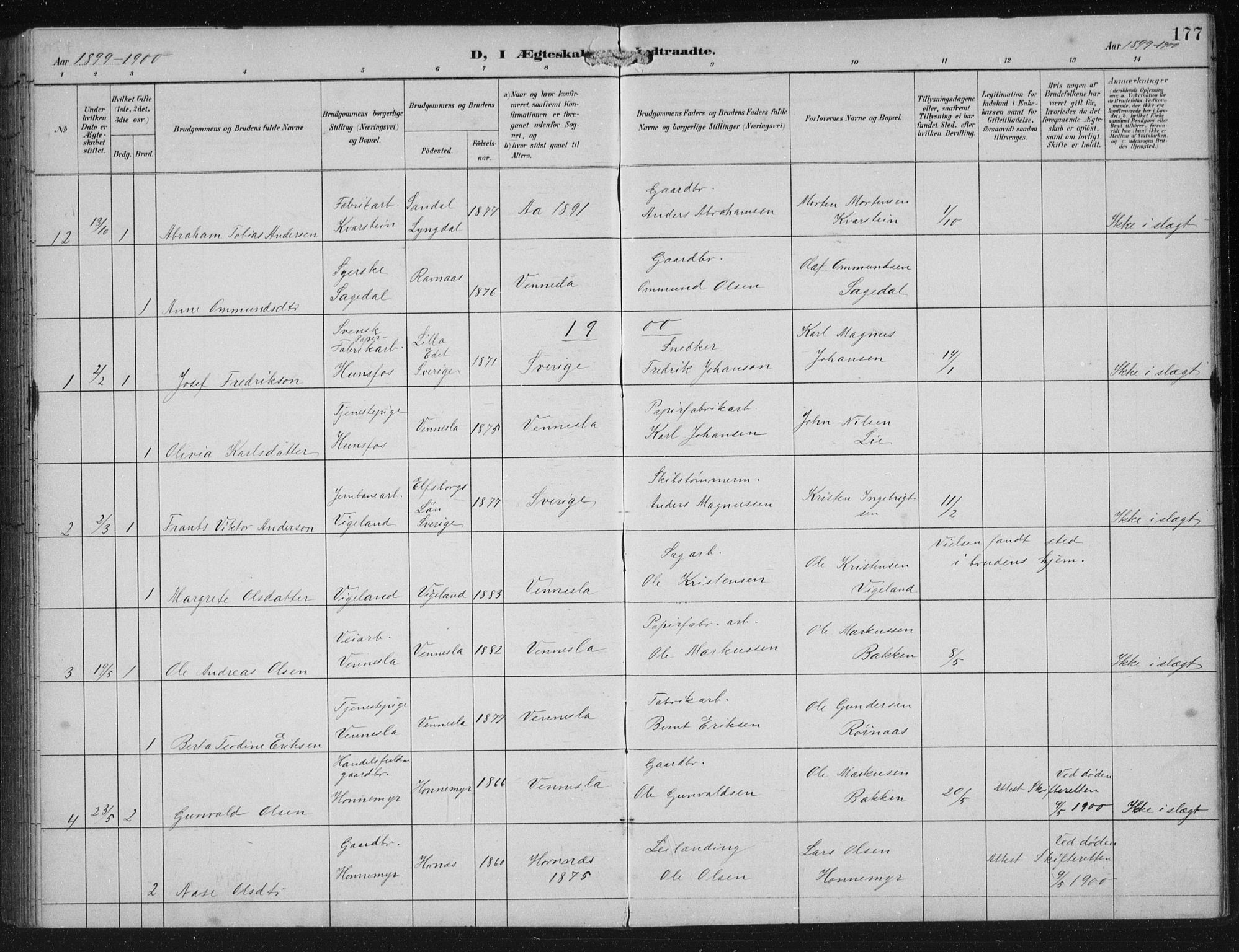 Vennesla sokneprestkontor, AV/SAK-1111-0045/Fb/Fbb/L0004: Parish register (copy) no. B 4, 1893-1902, p. 177