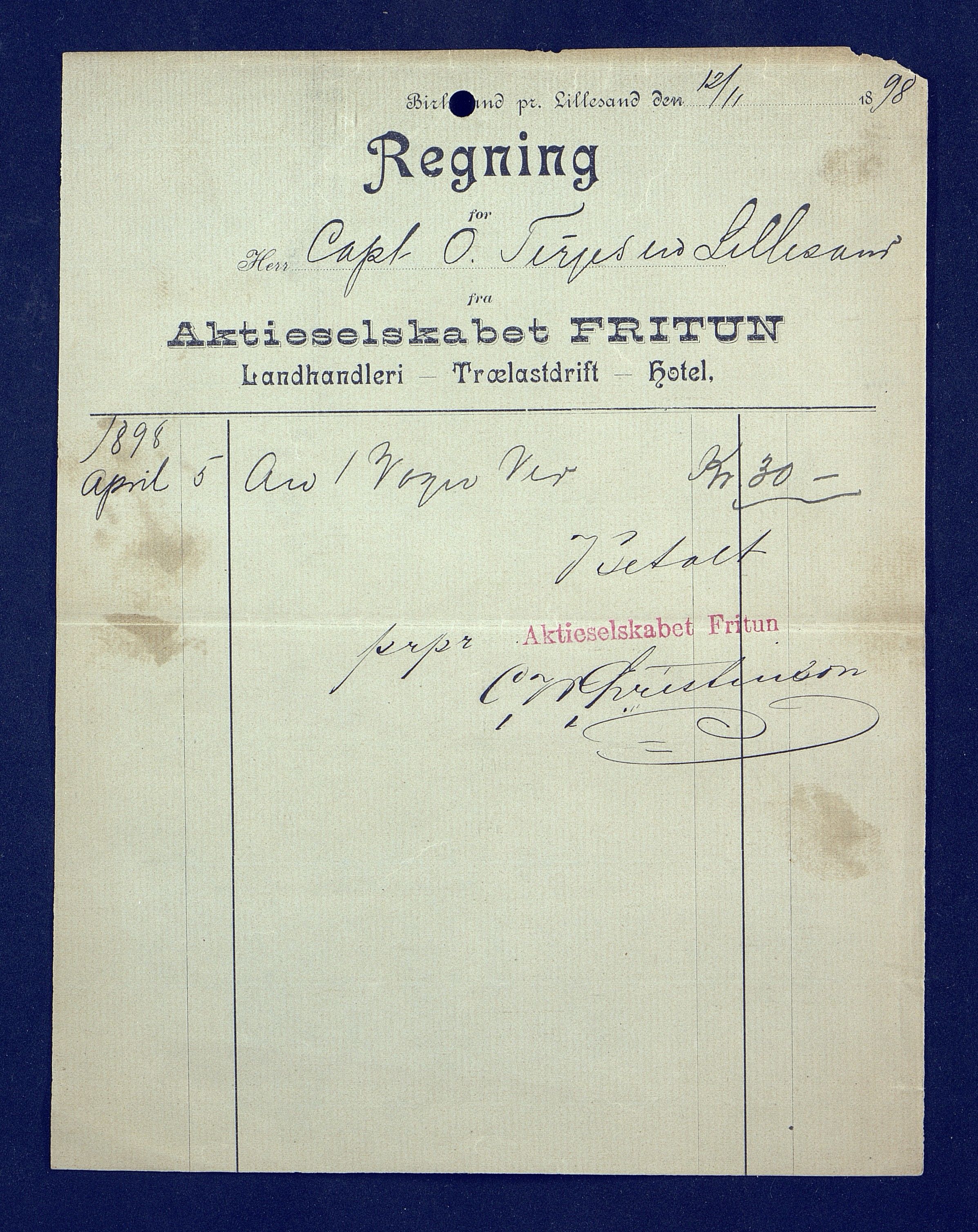 O. Terjesens rederi, AAKS/PA-2525/R/R02/L0001: Regnskapsbilag, 1884-1898