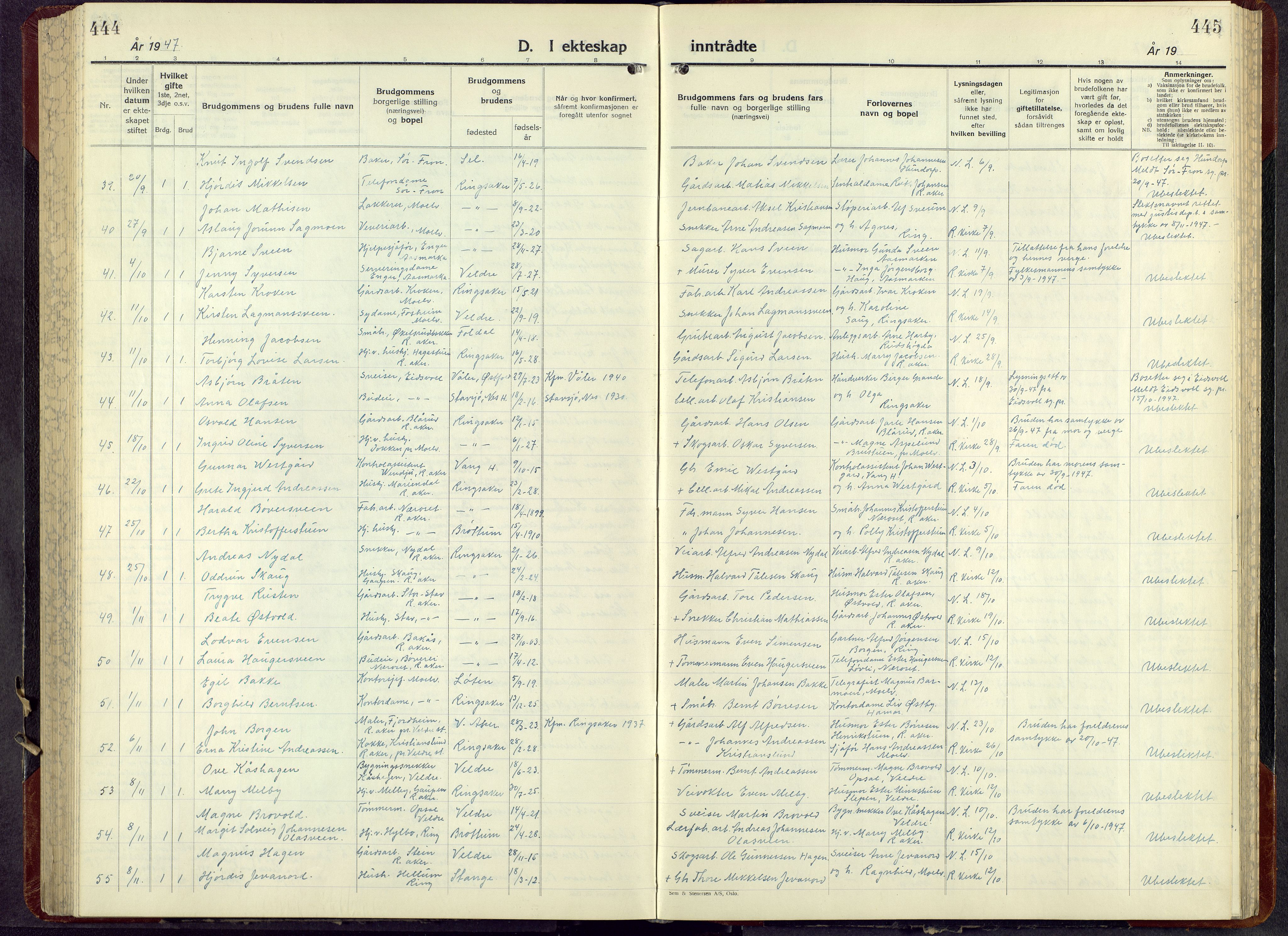 Ringsaker prestekontor, AV/SAH-PREST-014/L/La/L0021: Parish register (copy) no. 21, 1947-1956, p. 445