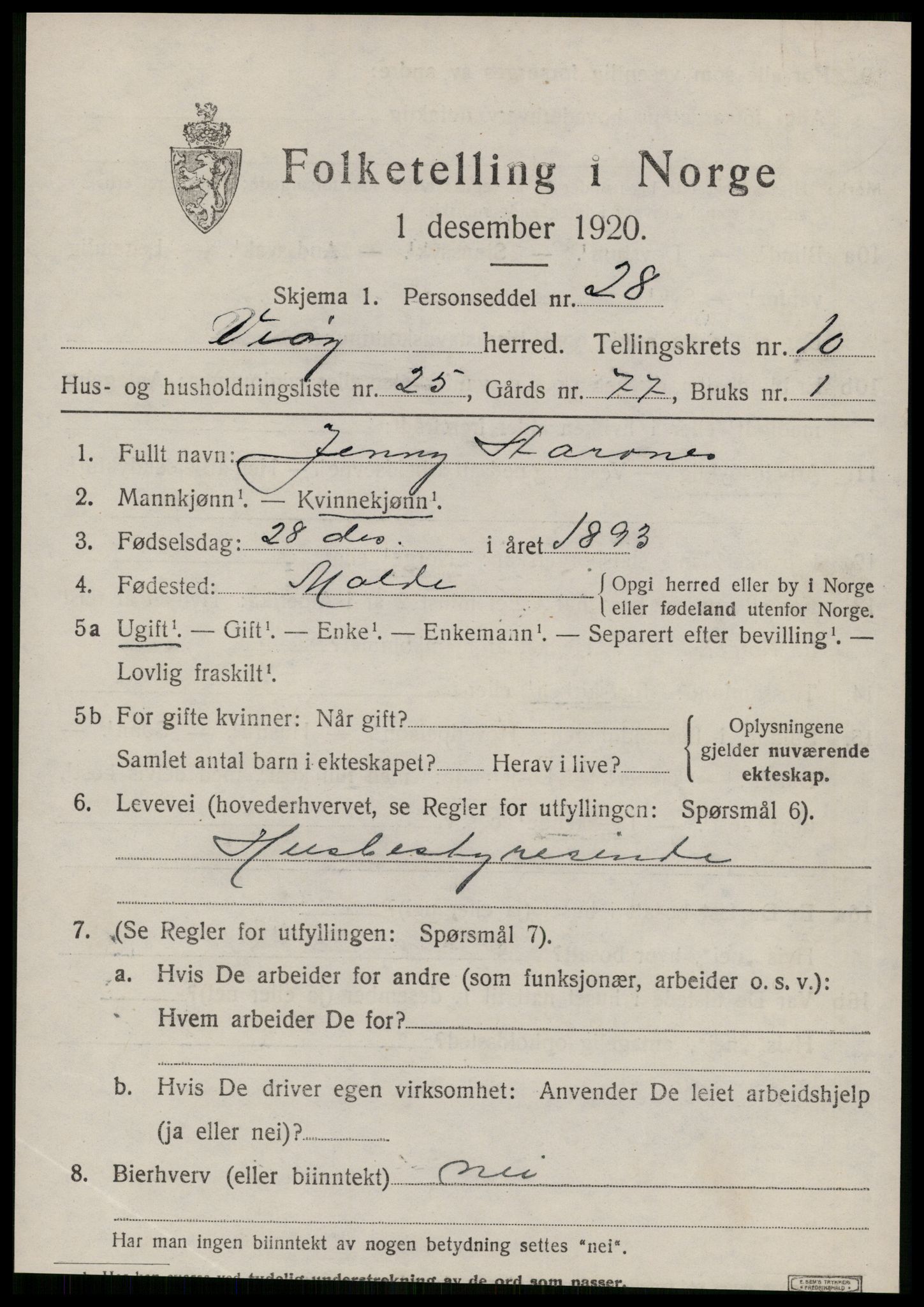 SAT, 1920 census for Veøy, 1920, p. 5111