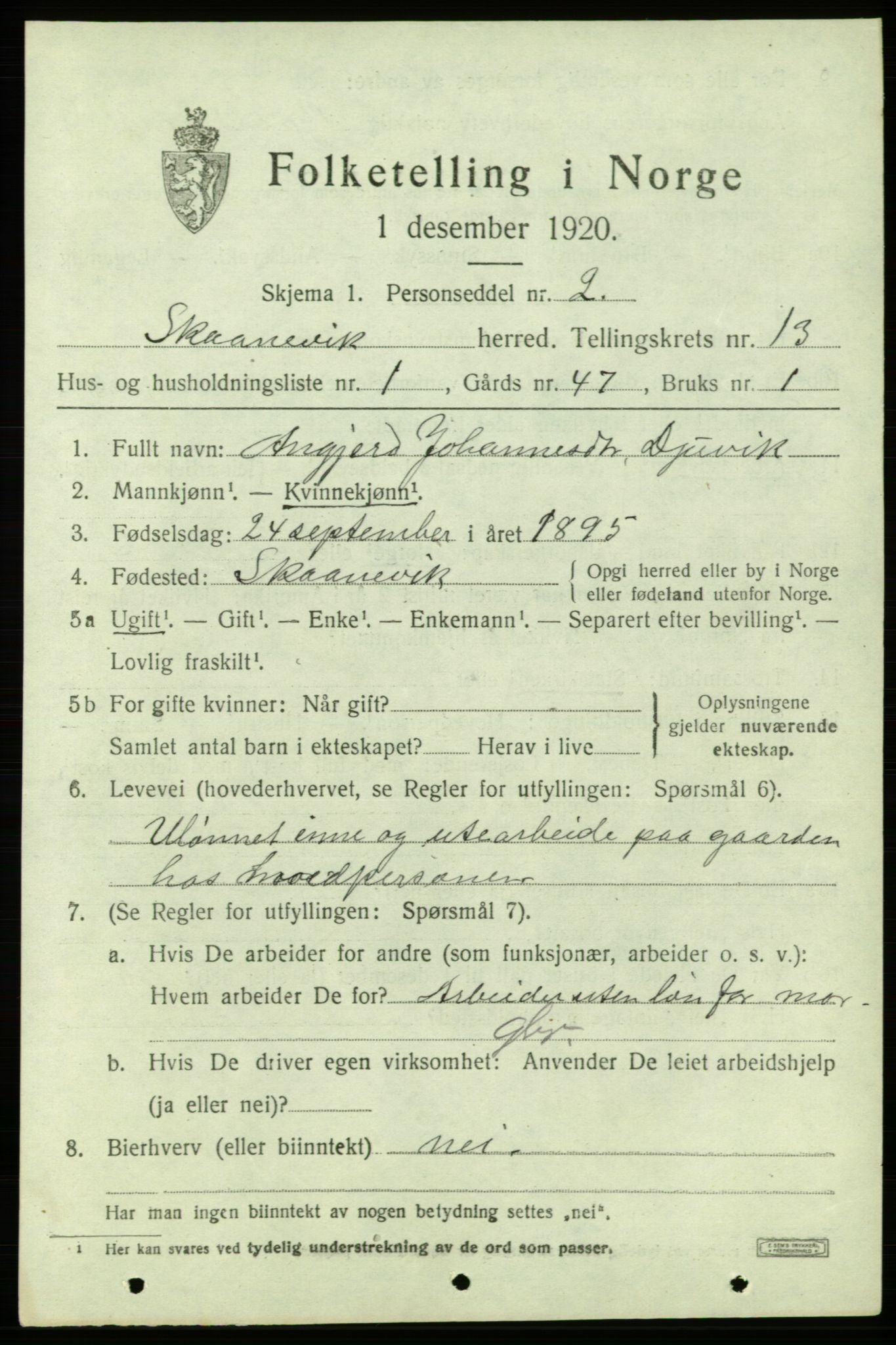 SAB, 1920 census for Skånevik, 1920, p. 5501