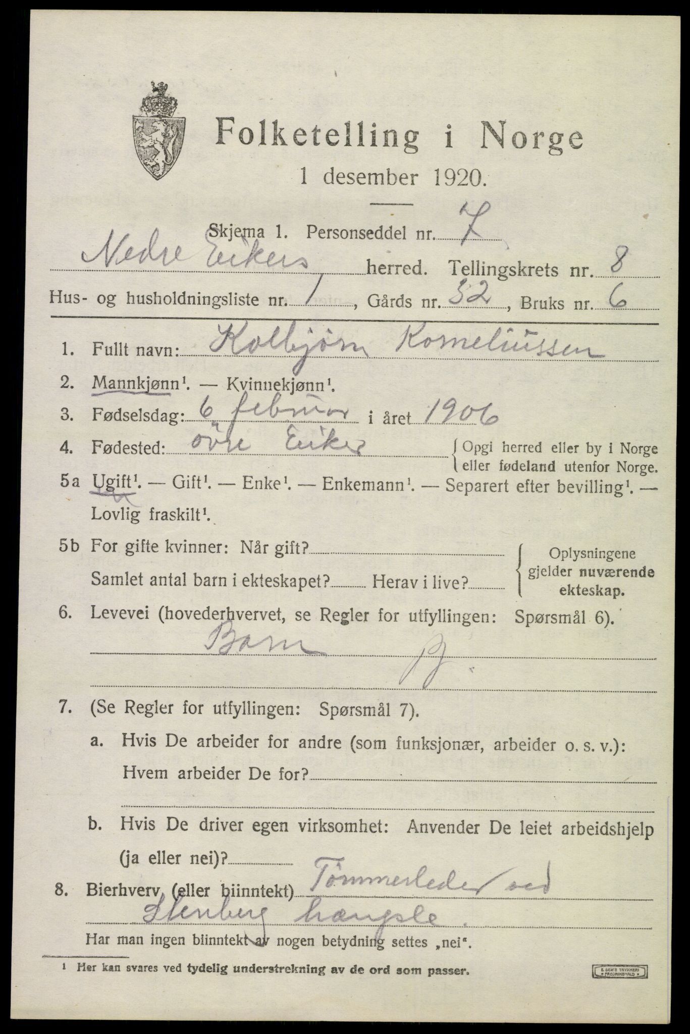 SAKO, 1920 census for Nedre Eiker, 1920, p. 8421