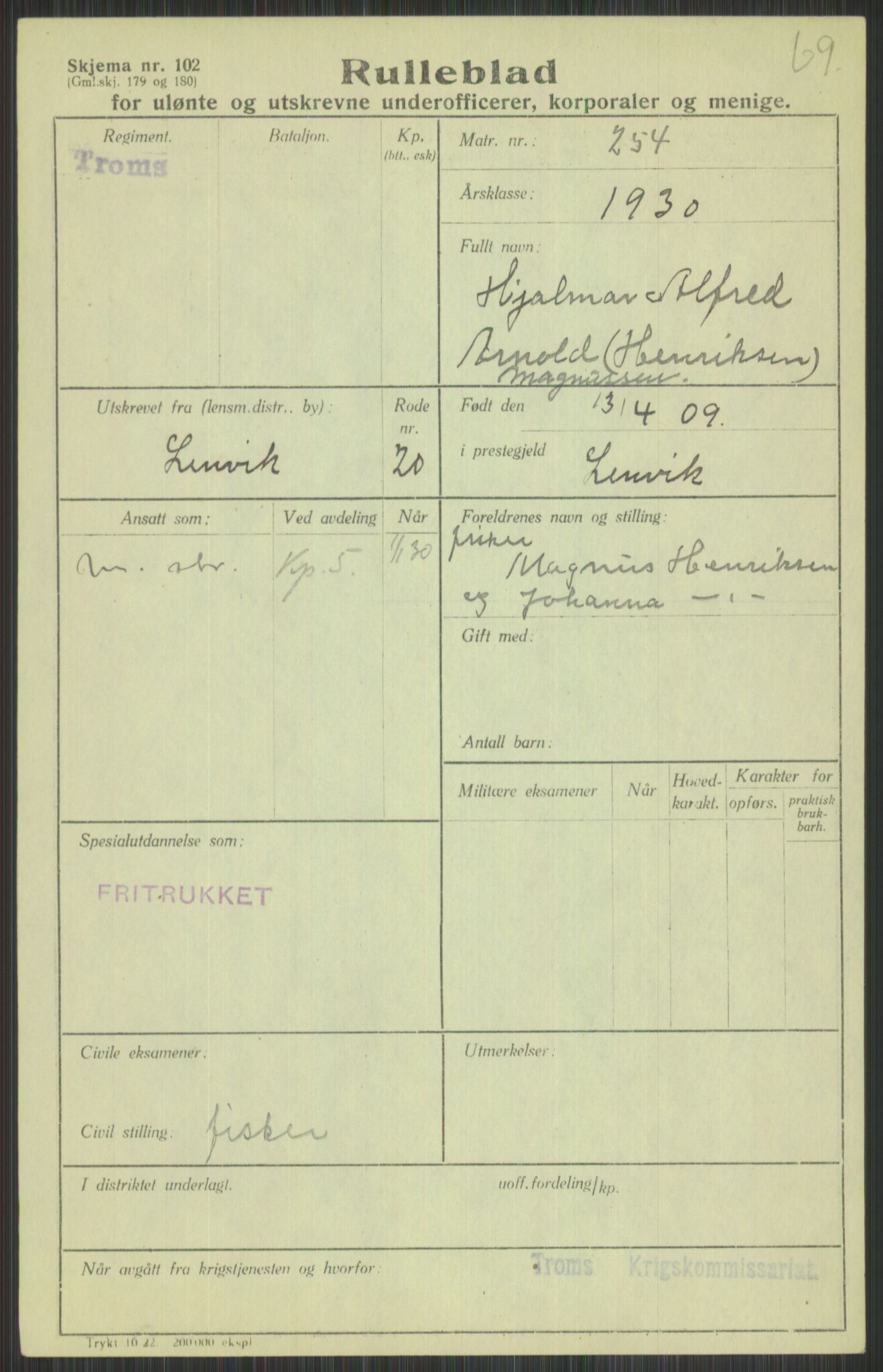 Forsvaret, Troms infanteriregiment nr. 16, AV/RA-RAFA-3146/P/Pa/L0014: Rulleblad for regimentets menige mannskaper, årsklasse 1930, 1930, p. 607