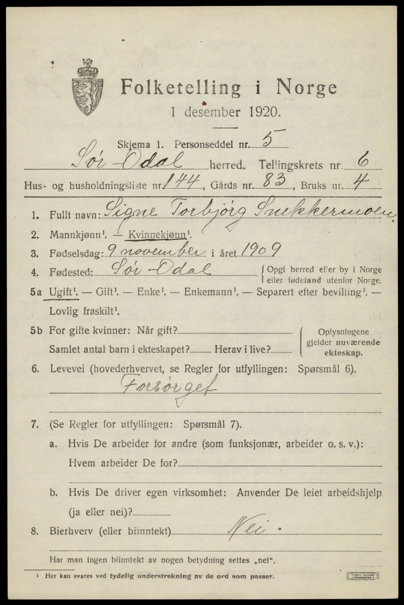 SAH, 1920 census for Sør-Odal, 1920, p. 8645