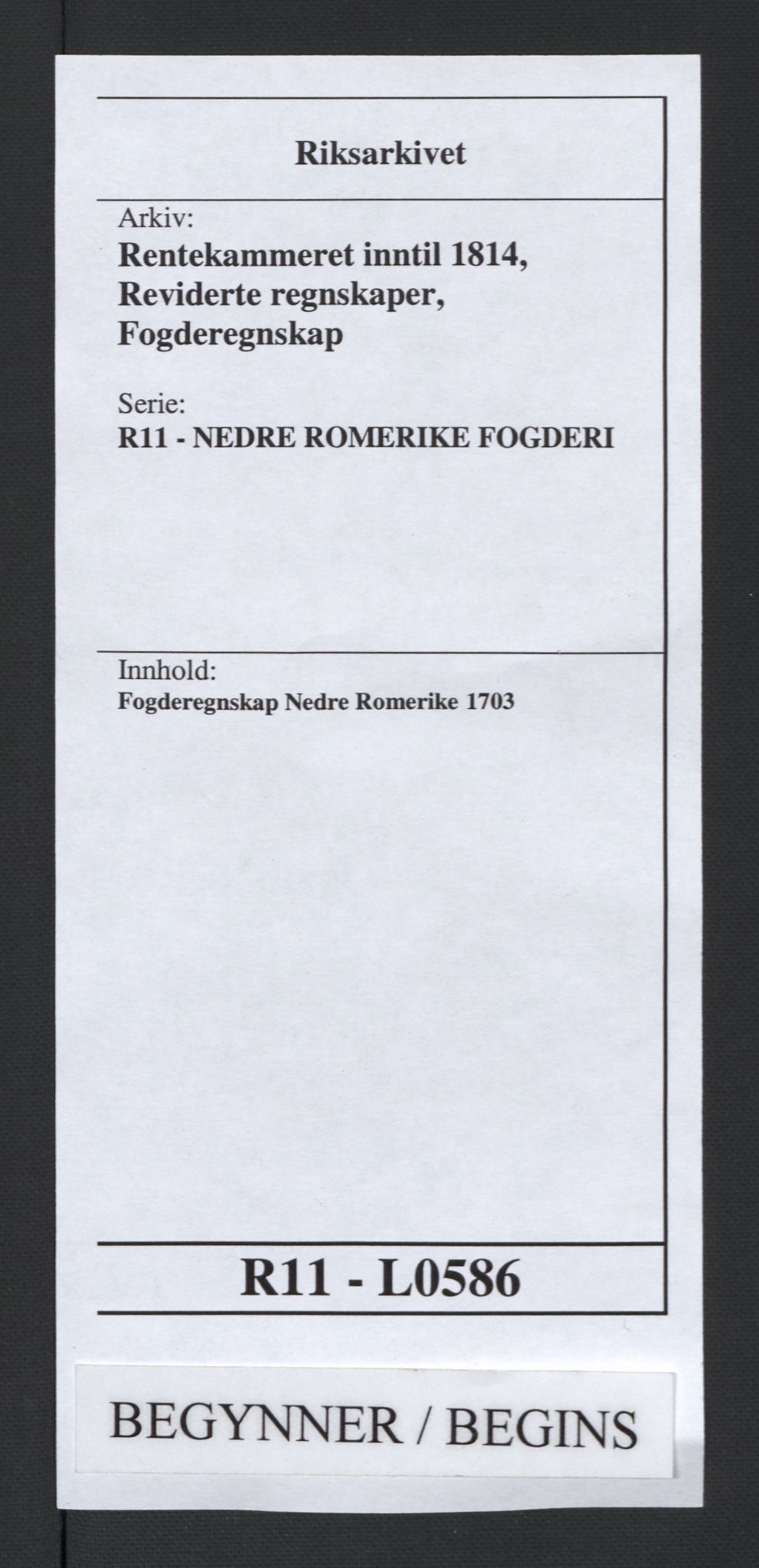 Rentekammeret inntil 1814, Reviderte regnskaper, Fogderegnskap, AV/RA-EA-4092/R11/L0586: Fogderegnskap Nedre Romerike, 1703, p. 1