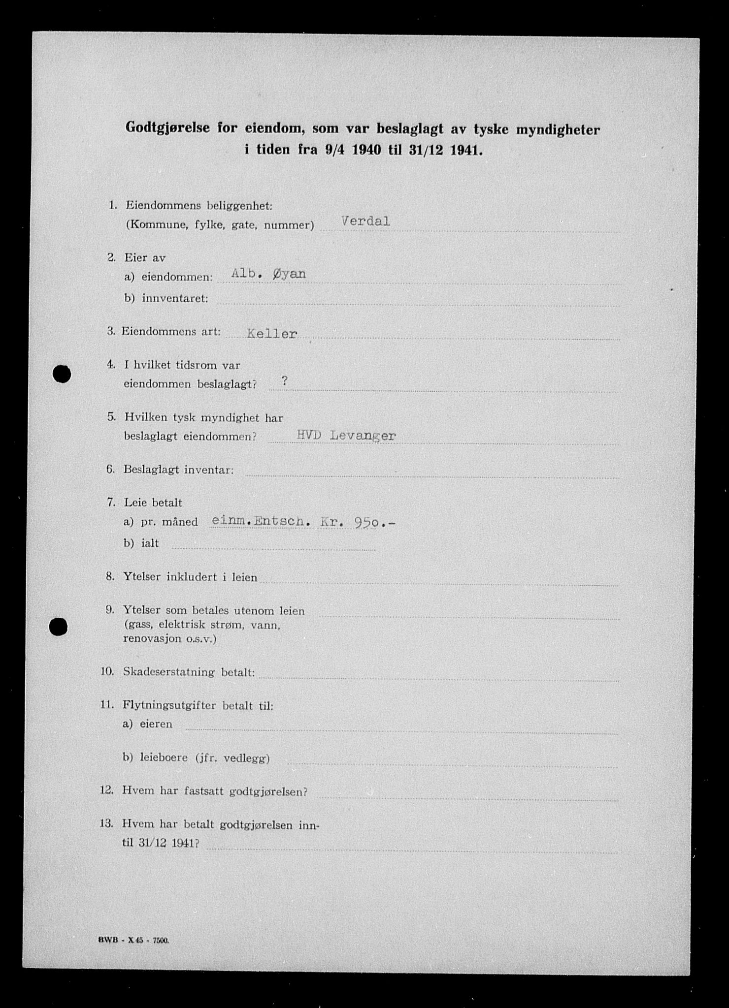 Justisdepartementet, Tilbakeføringskontoret for inndratte formuer, AV/RA-S-1564/I/L1019: Godtgjørelse for beslaglagt eiendom, 1940-1941, p. 91