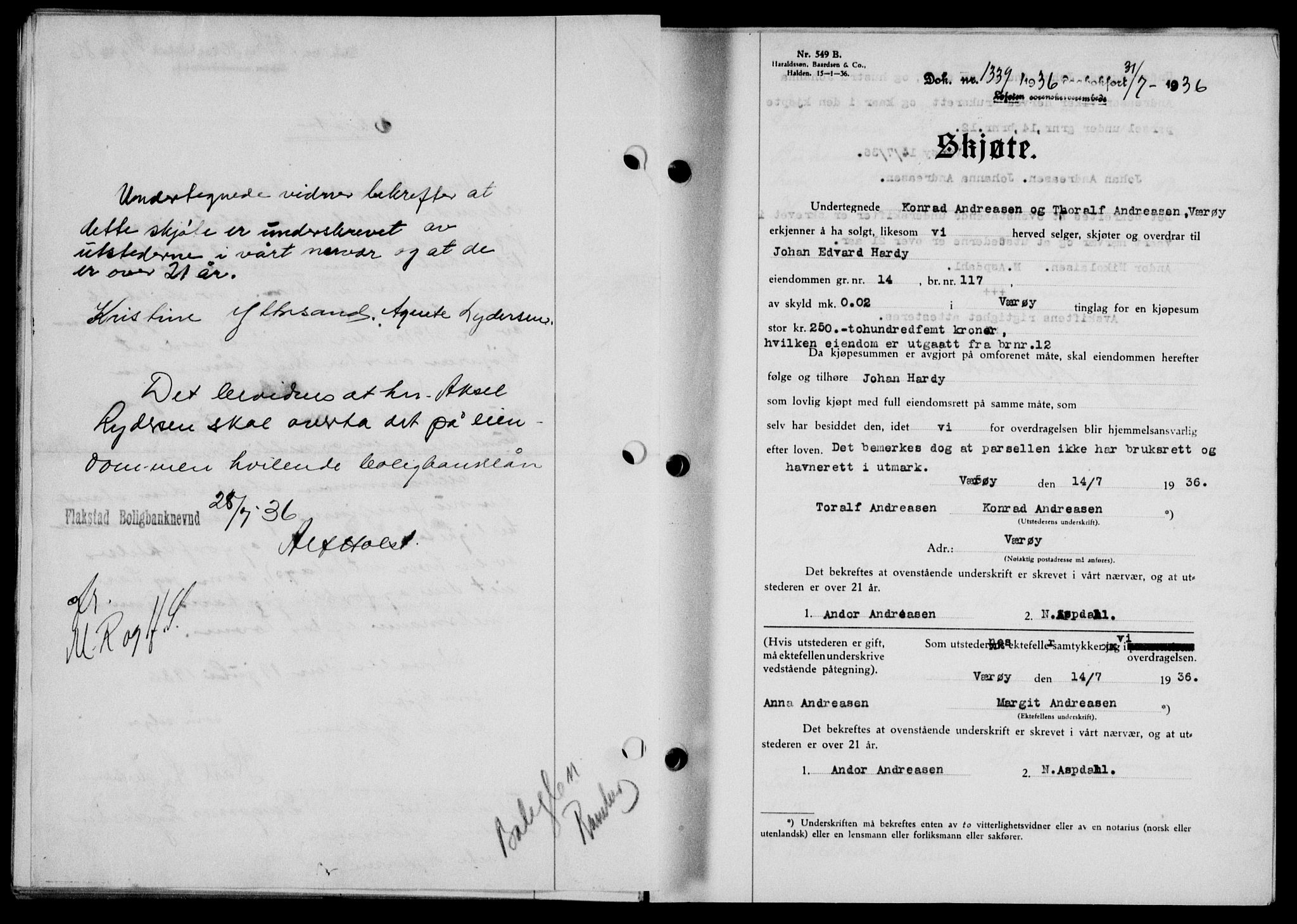 Lofoten sorenskriveri, SAT/A-0017/1/2/2C/L0001a: Mortgage book no. 1a, 1936-1937, Diary no: : 1339/1936