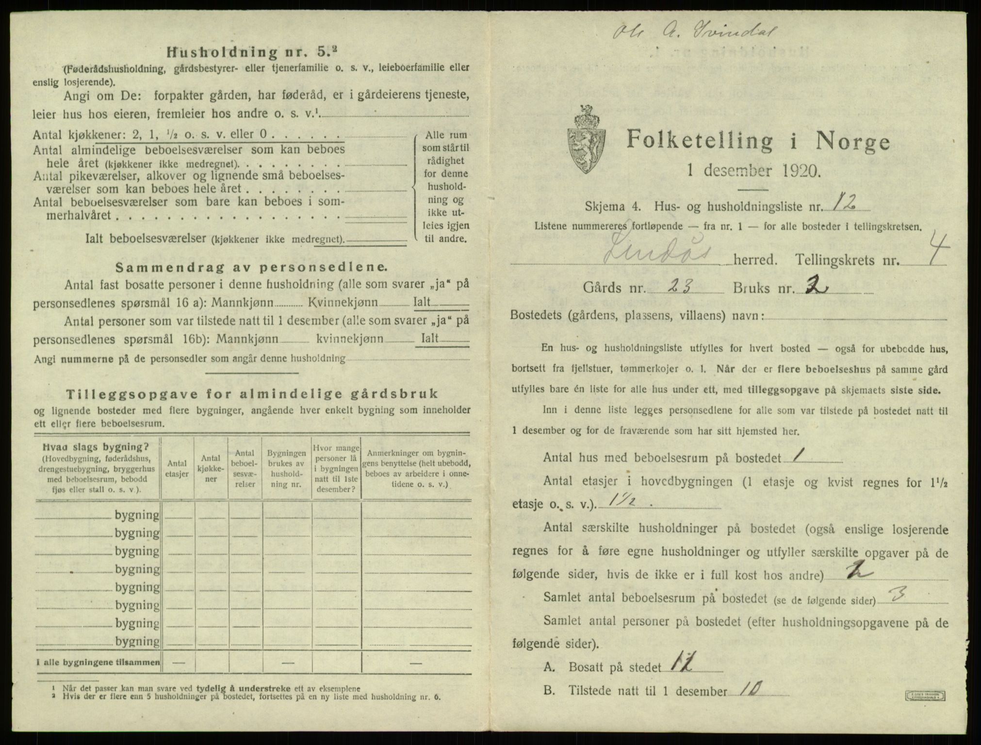 SAB, 1920 census for Lindås, 1920, p. 278