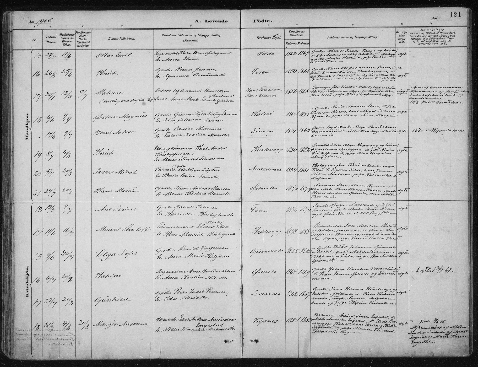 Avaldsnes sokneprestkontor, AV/SAST-A -101851/H/Ha/Haa/L0017: Parish register (official) no. A 17, 1889-1920, p. 121