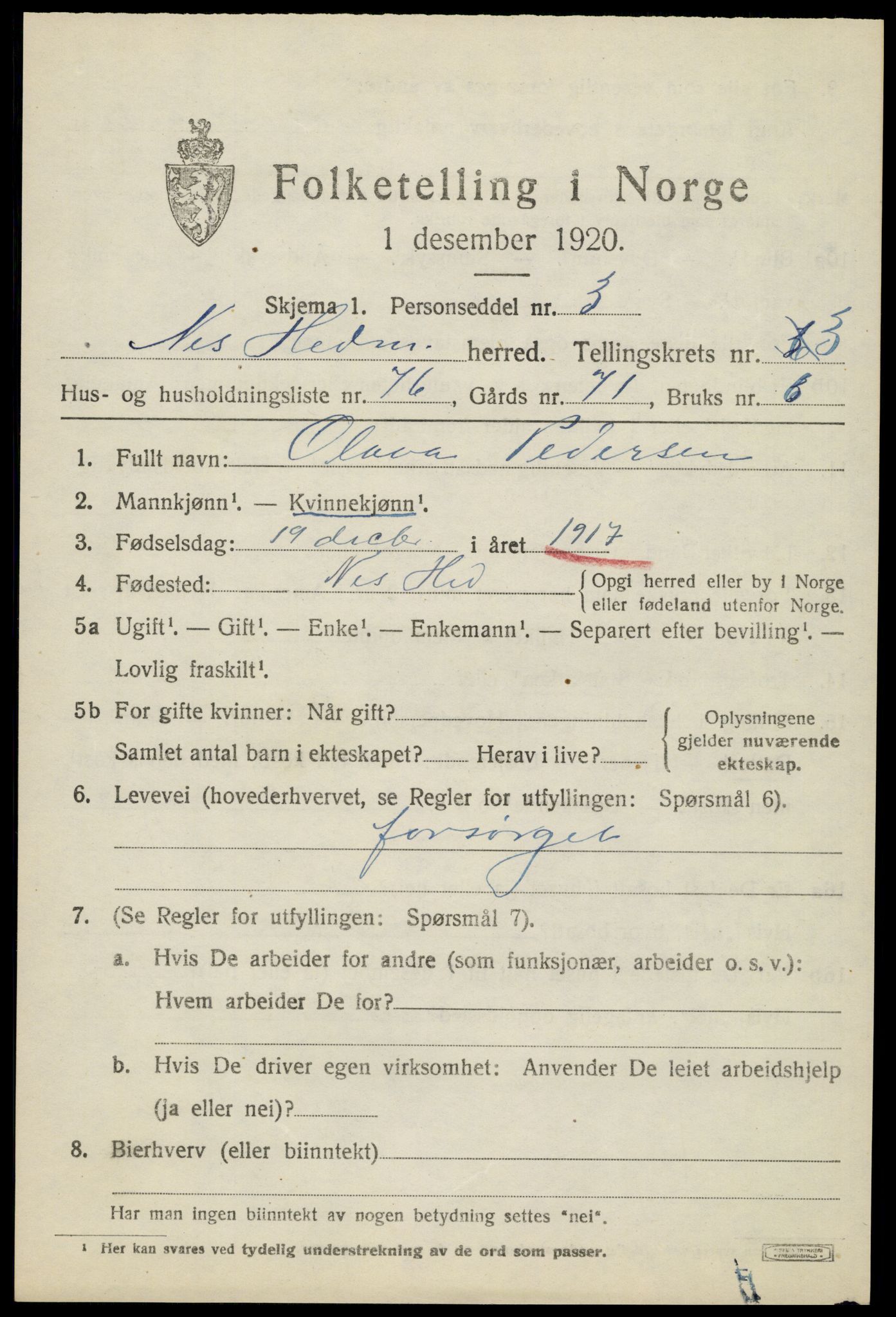 SAH, 1920 census for Nes (Hedmark), 1920, p. 5426