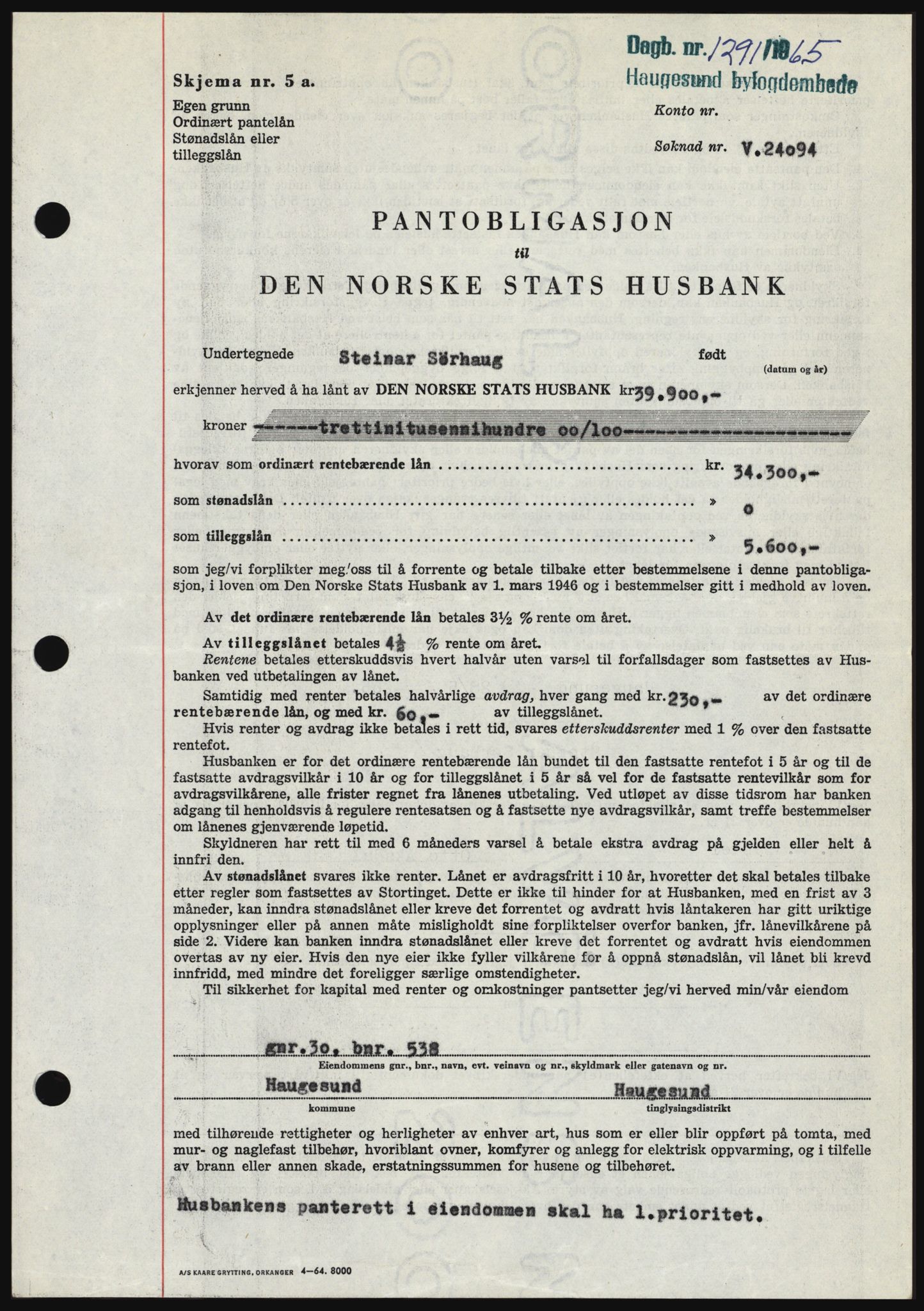 Haugesund tingrett, SAST/A-101415/01/II/IIC/L0053: Mortgage book no. B 53, 1965-1965, Diary no: : 1291/1965