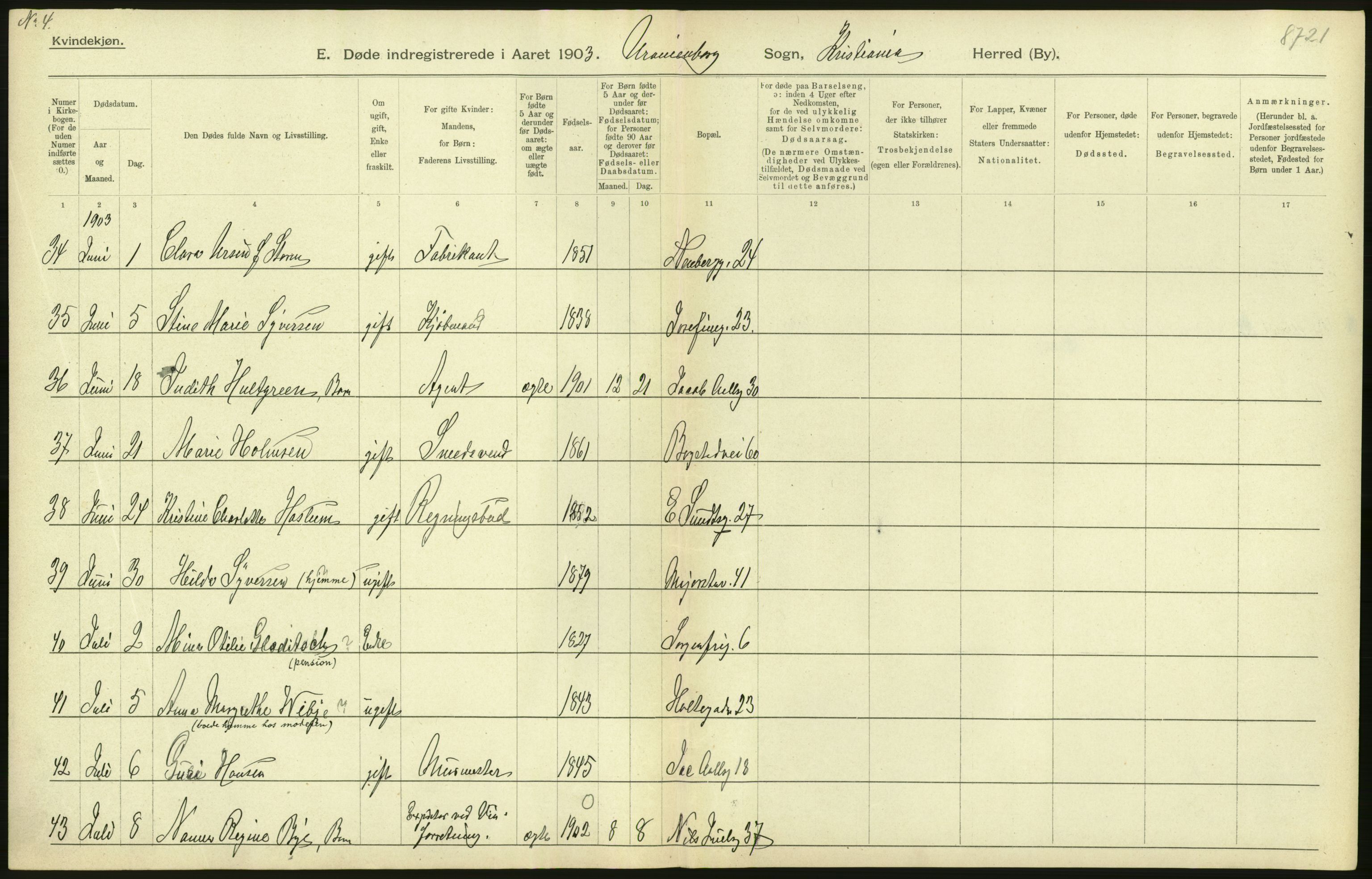 Statistisk sentralbyrå, Sosiodemografiske emner, Befolkning, AV/RA-S-2228/D/Df/Dfa/Dfaa/L0004: Kristiania: Gifte, døde, 1903, p. 186