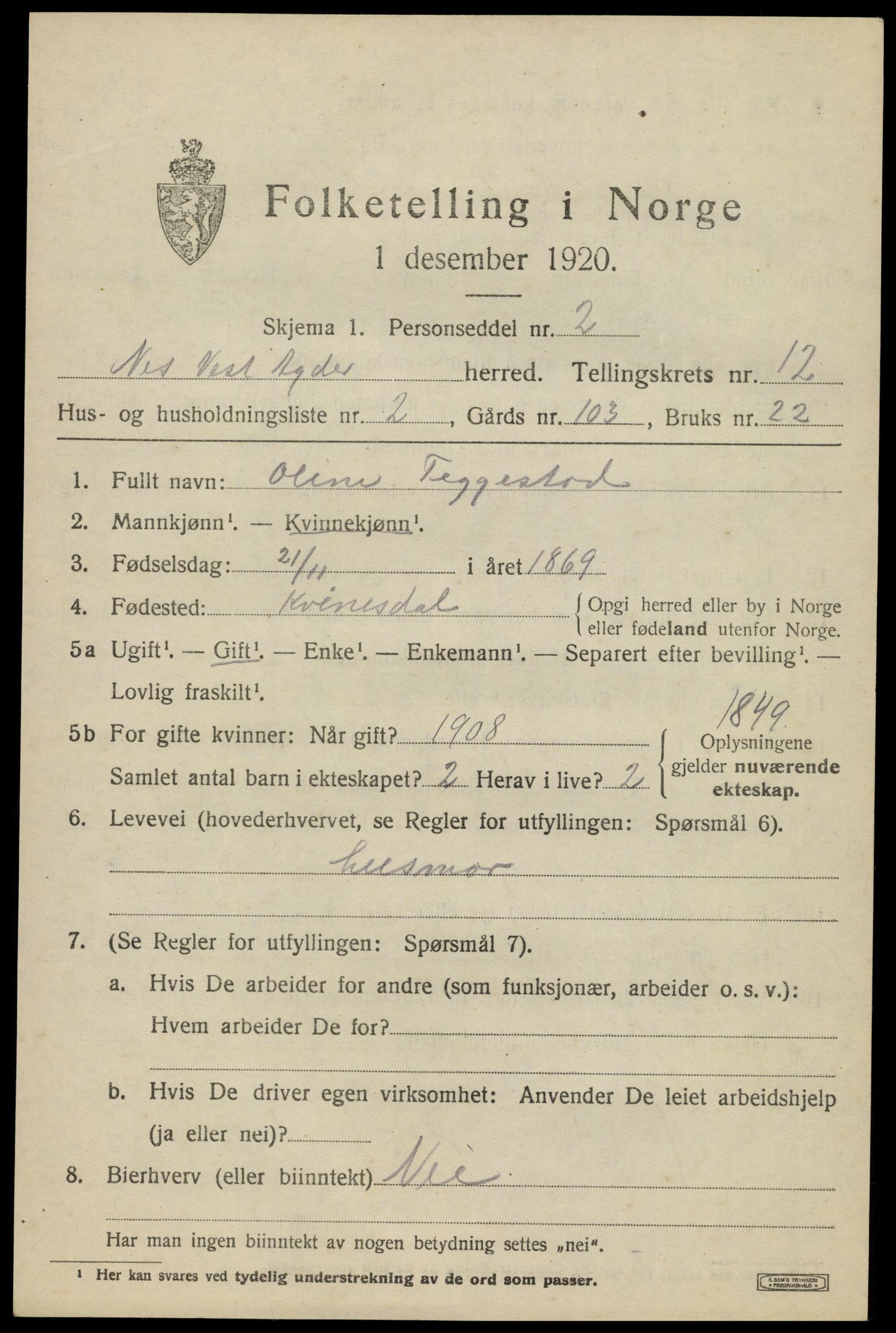 SAK, 1920 census for Nes (V-A), 1920, p. 4242