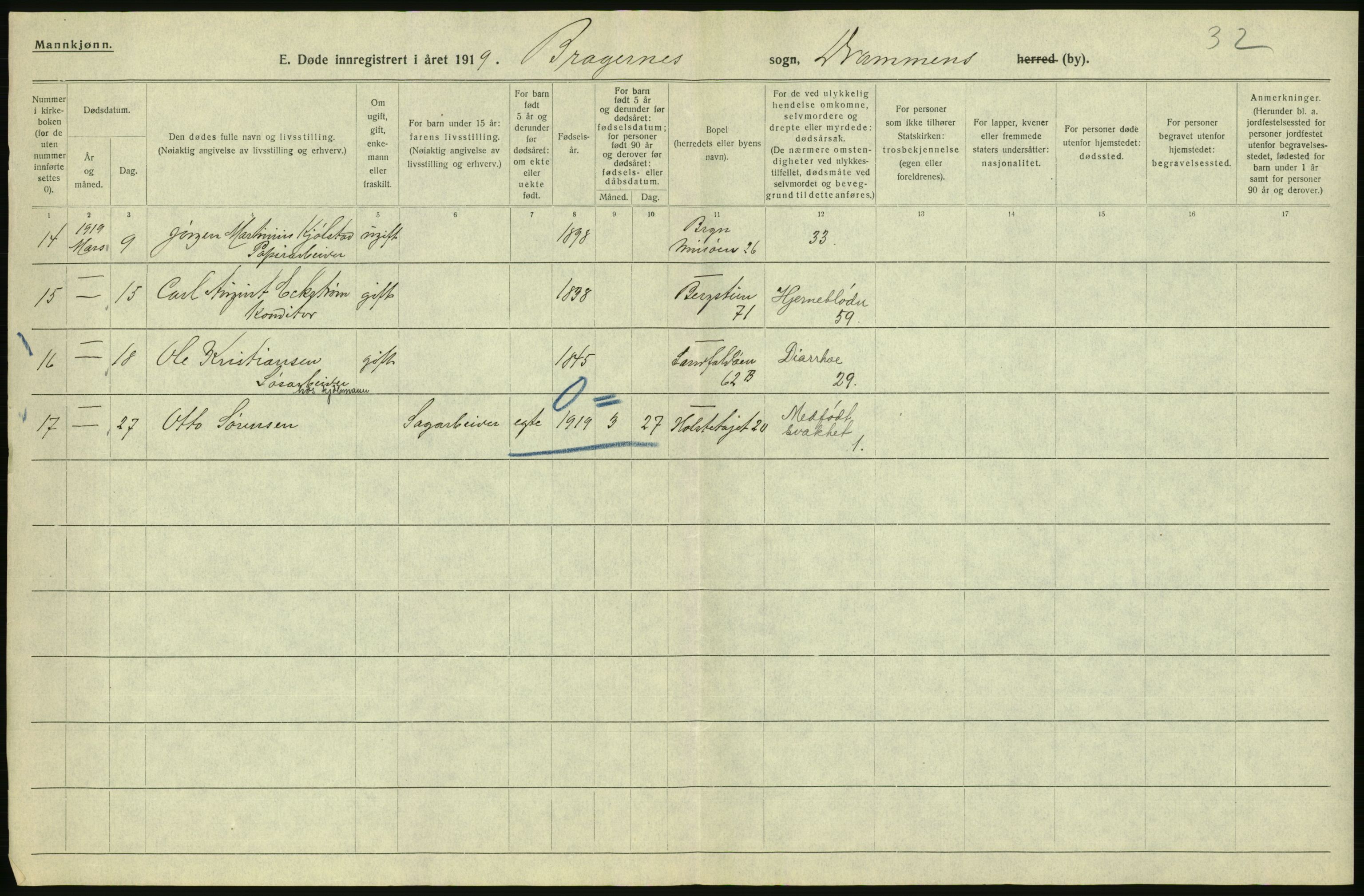 Statistisk sentralbyrå, Sosiodemografiske emner, Befolkning, AV/RA-S-2228/D/Df/Dfb/Dfbi/L0018: Buskerud fylke: Døde. Bygder og byer., 1919, p. 372