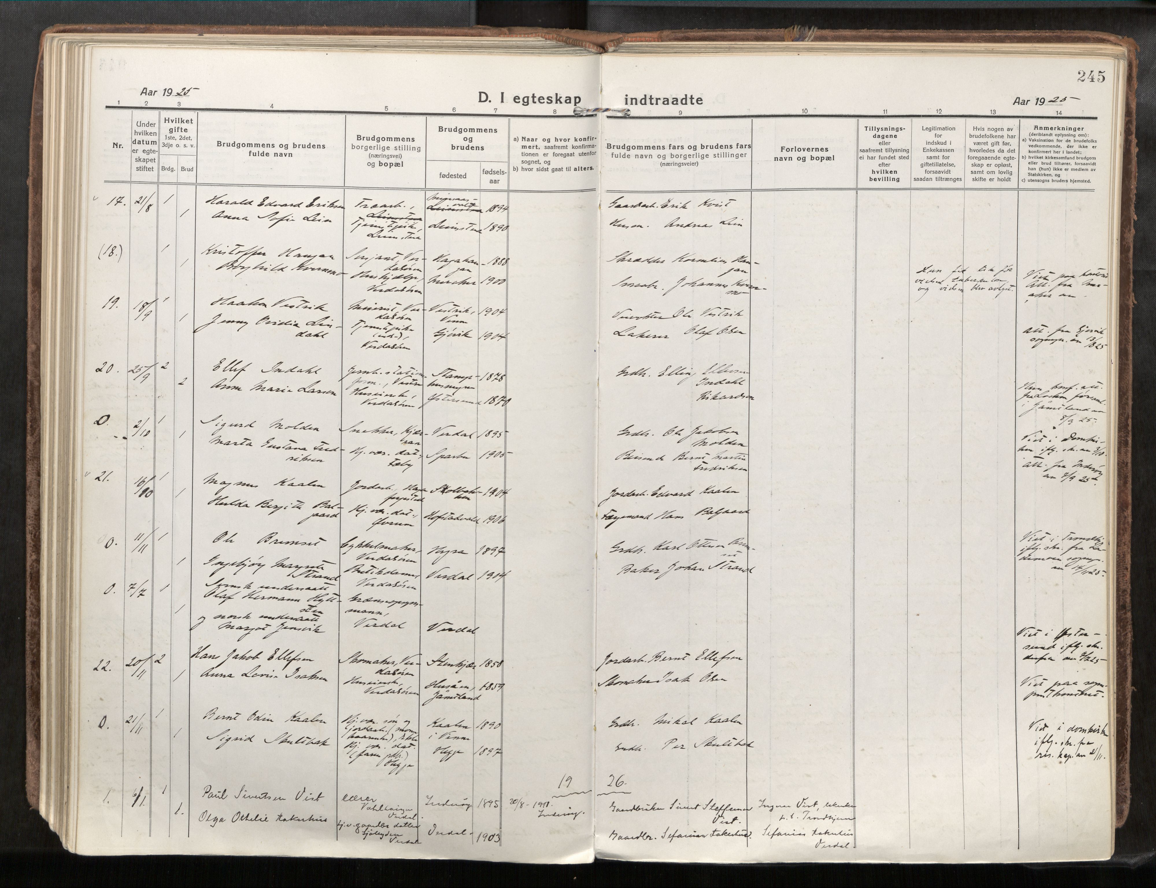 Verdal sokneprestkontor, AV/SAT-A-1156/2/H/Haa/L0001: Parish register (official) no. 1, 1917-1932, p. 245