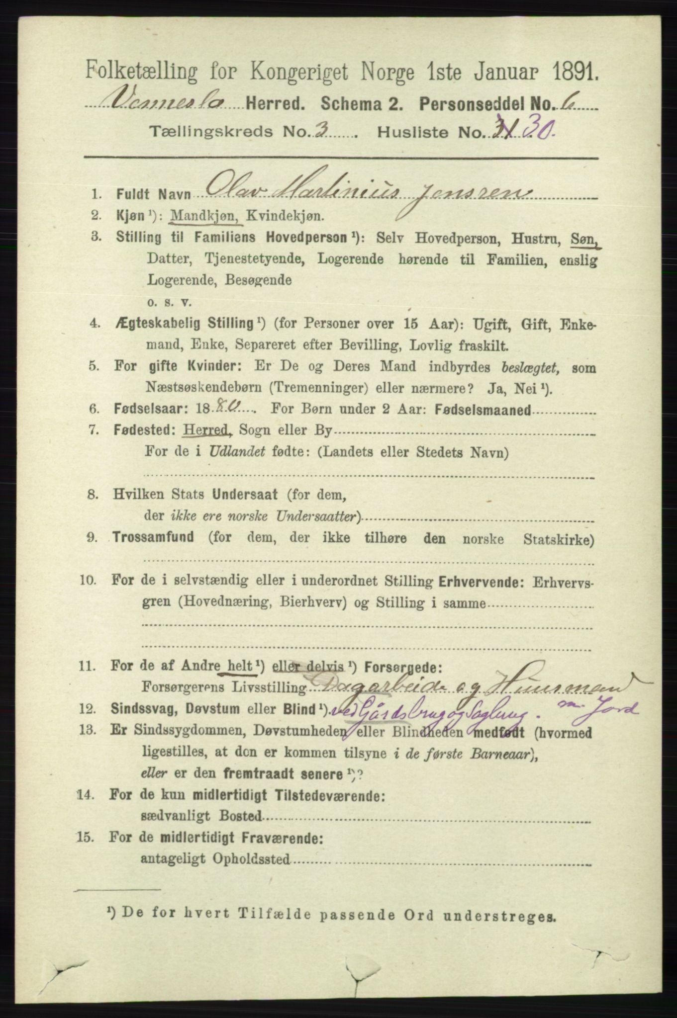 RA, 1891 census for 1014 Vennesla, 1891, p. 829