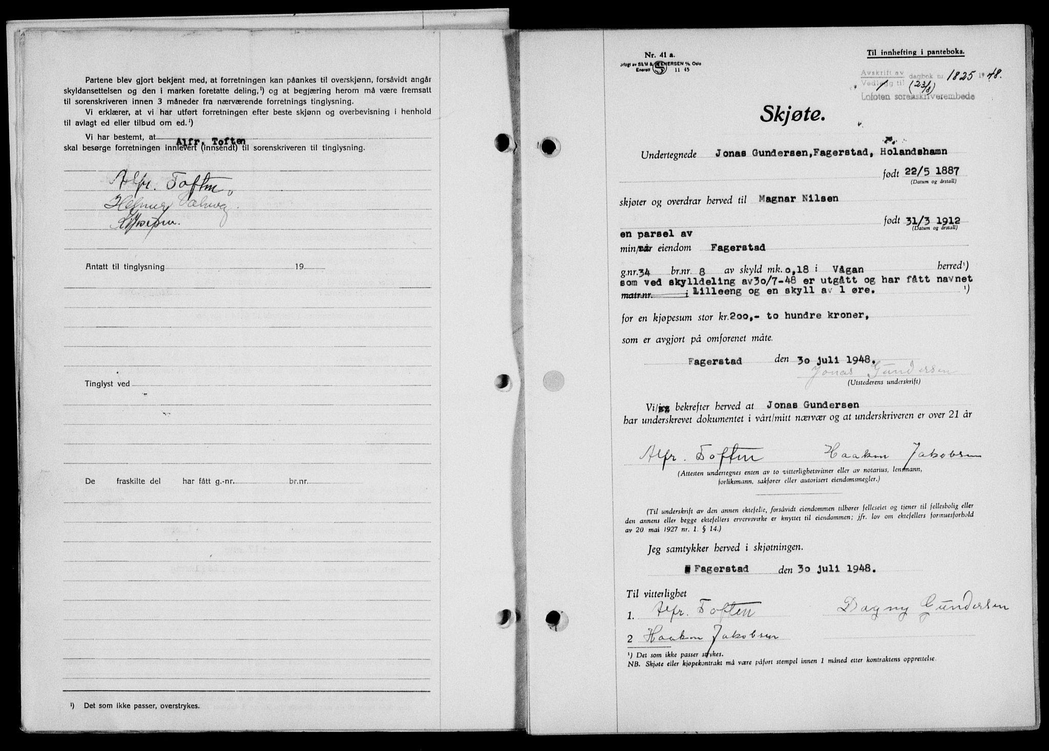 Lofoten sorenskriveri, SAT/A-0017/1/2/2C/L0019a: Mortgage book no. 19a, 1948-1948, Diary no: : 1825/1948