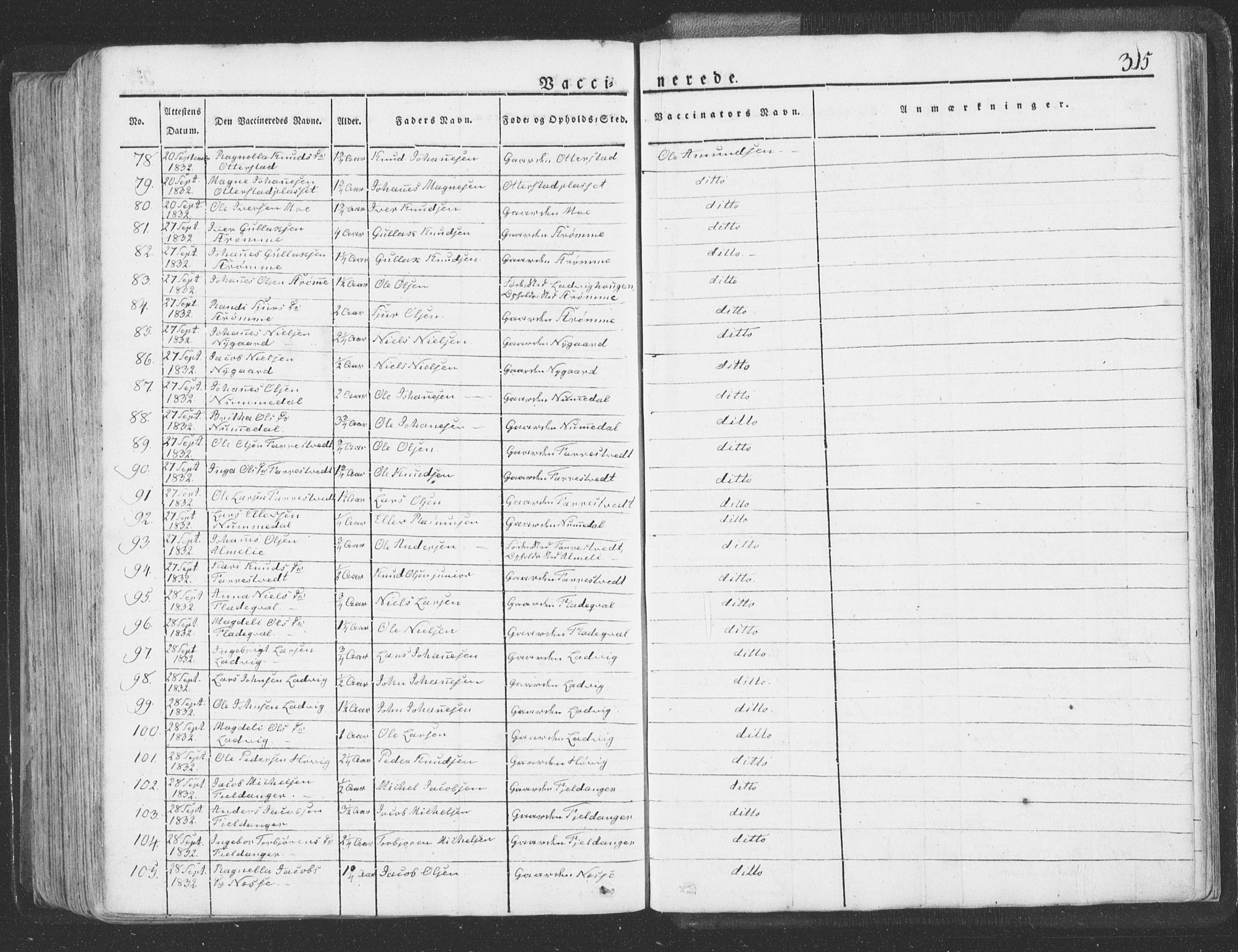 Hosanger sokneprestembete, AV/SAB-A-75801/H/Haa: Parish register (official) no. A 6, 1824-1835, p. 315