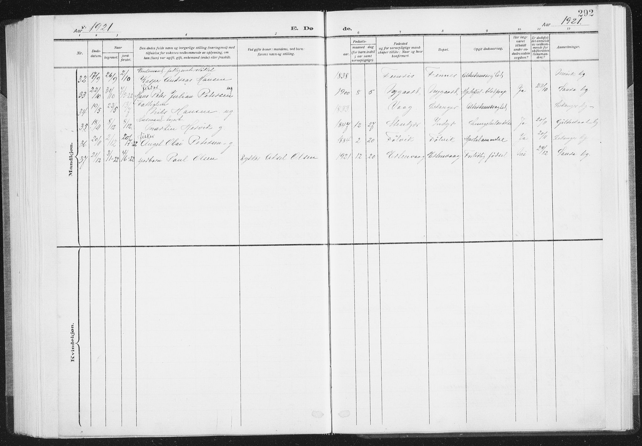 Ministerialprotokoller, klokkerbøker og fødselsregistre - Nordland, AV/SAT-A-1459/805/L0104: Parish register (official) no. 805A09, 1909-1926, p. 292