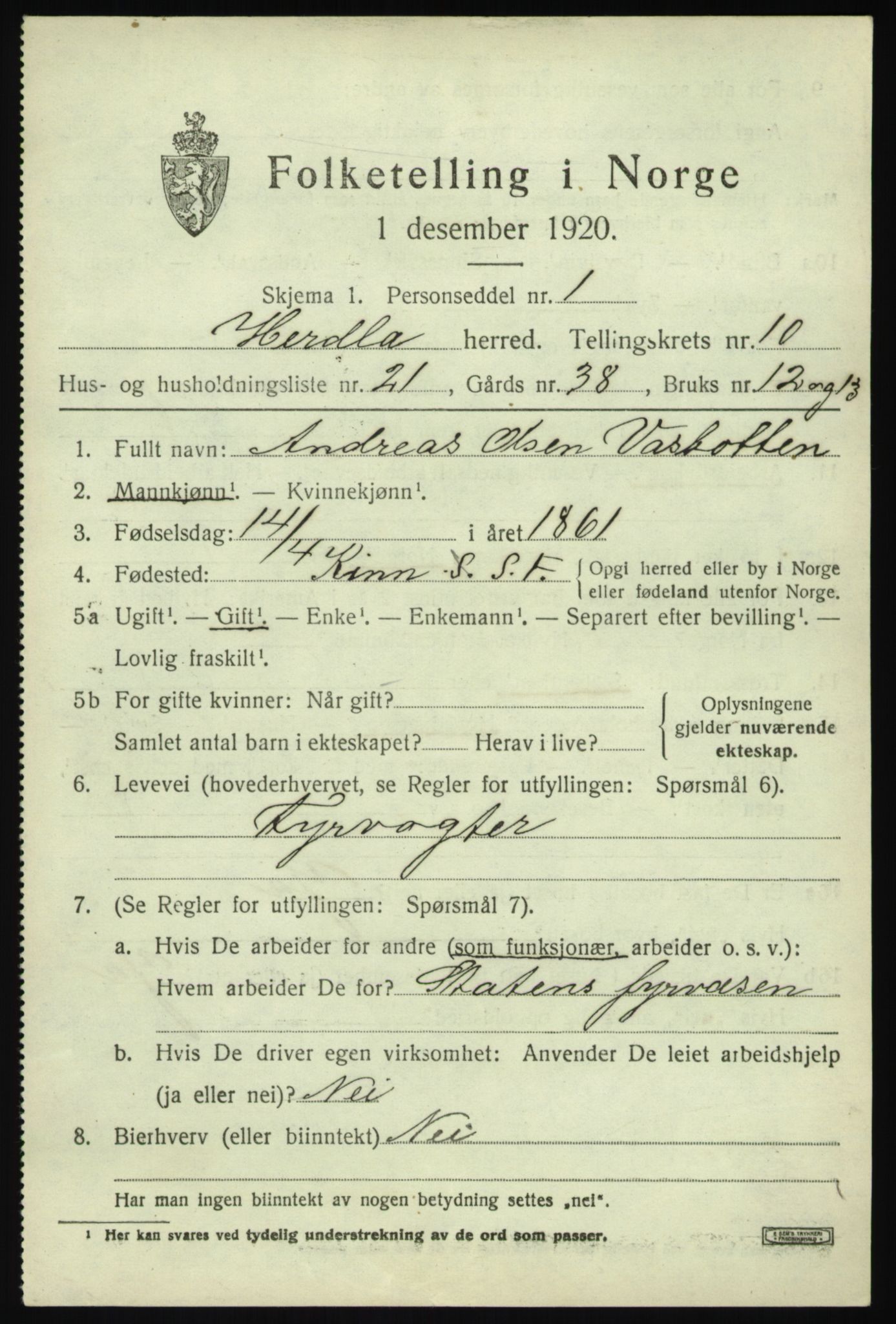 SAB, 1920 census for Herdla, 1920, p. 7523