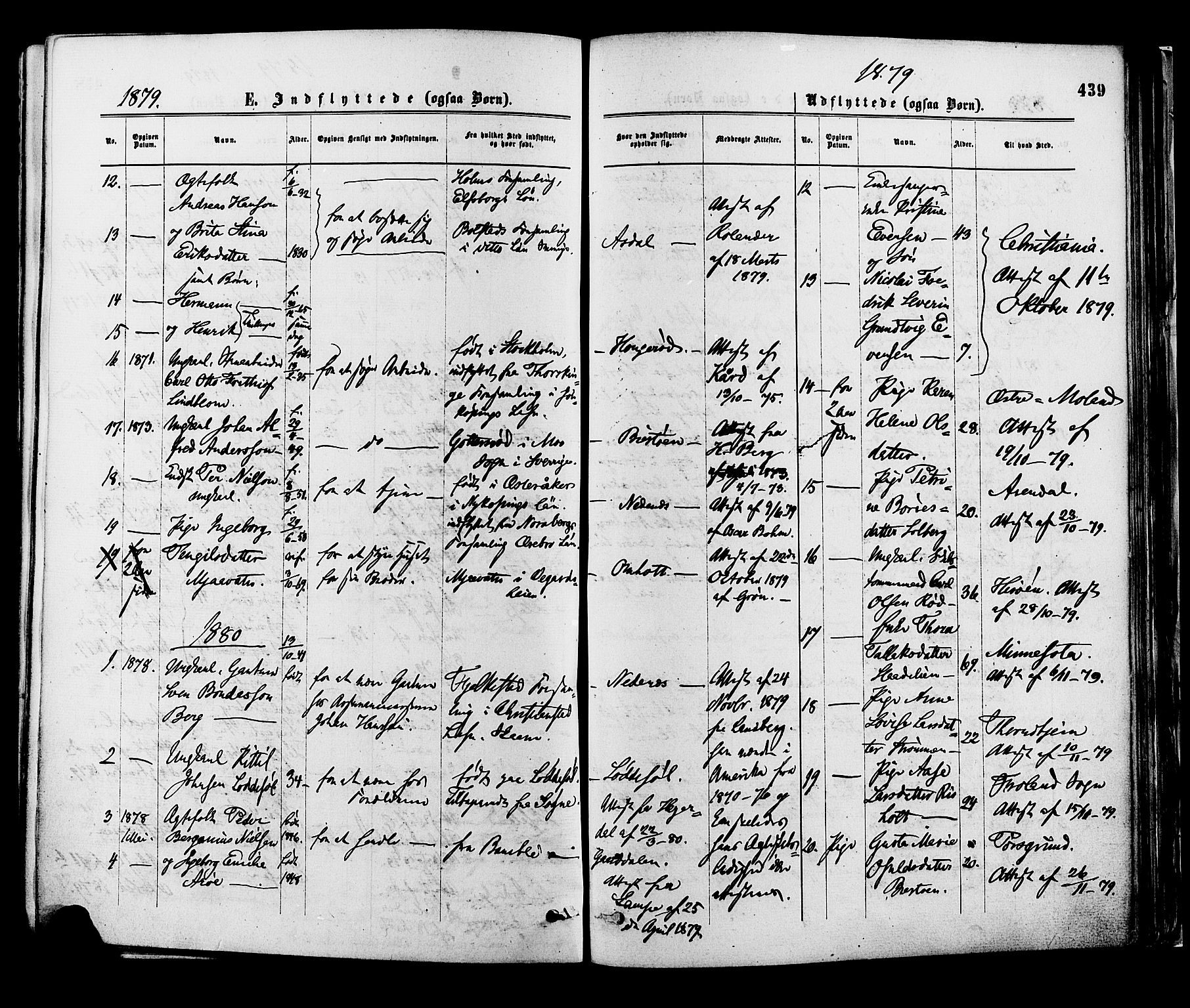 Øyestad sokneprestkontor, SAK/1111-0049/F/Fa/L0016: Parish register (official) no. A 16, 1874-1886, p. 439