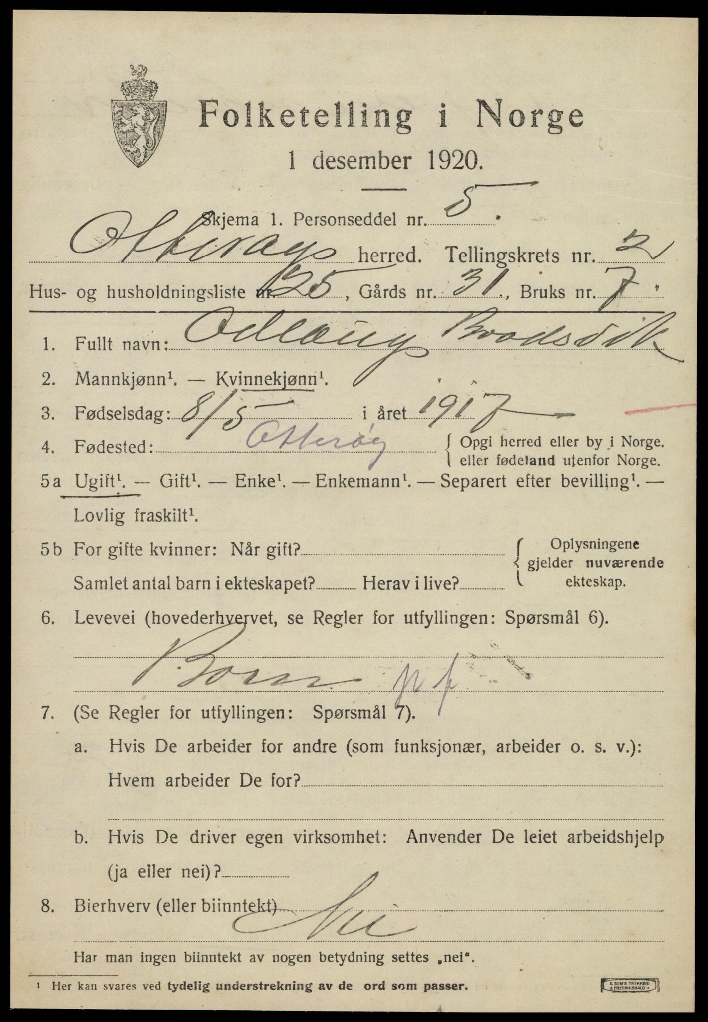 SAT, 1920 census for Otterøy, 1920, p. 1391