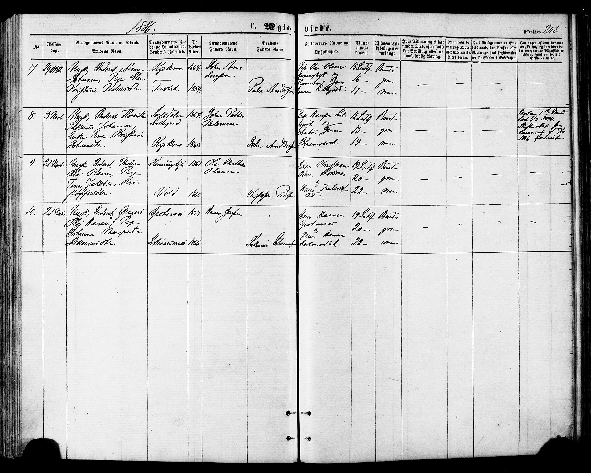 Ministerialprotokoller, klokkerbøker og fødselsregistre - Nordland, AV/SAT-A-1459/846/L0645: Parish register (official) no. 846A03, 1872-1886, p. 208