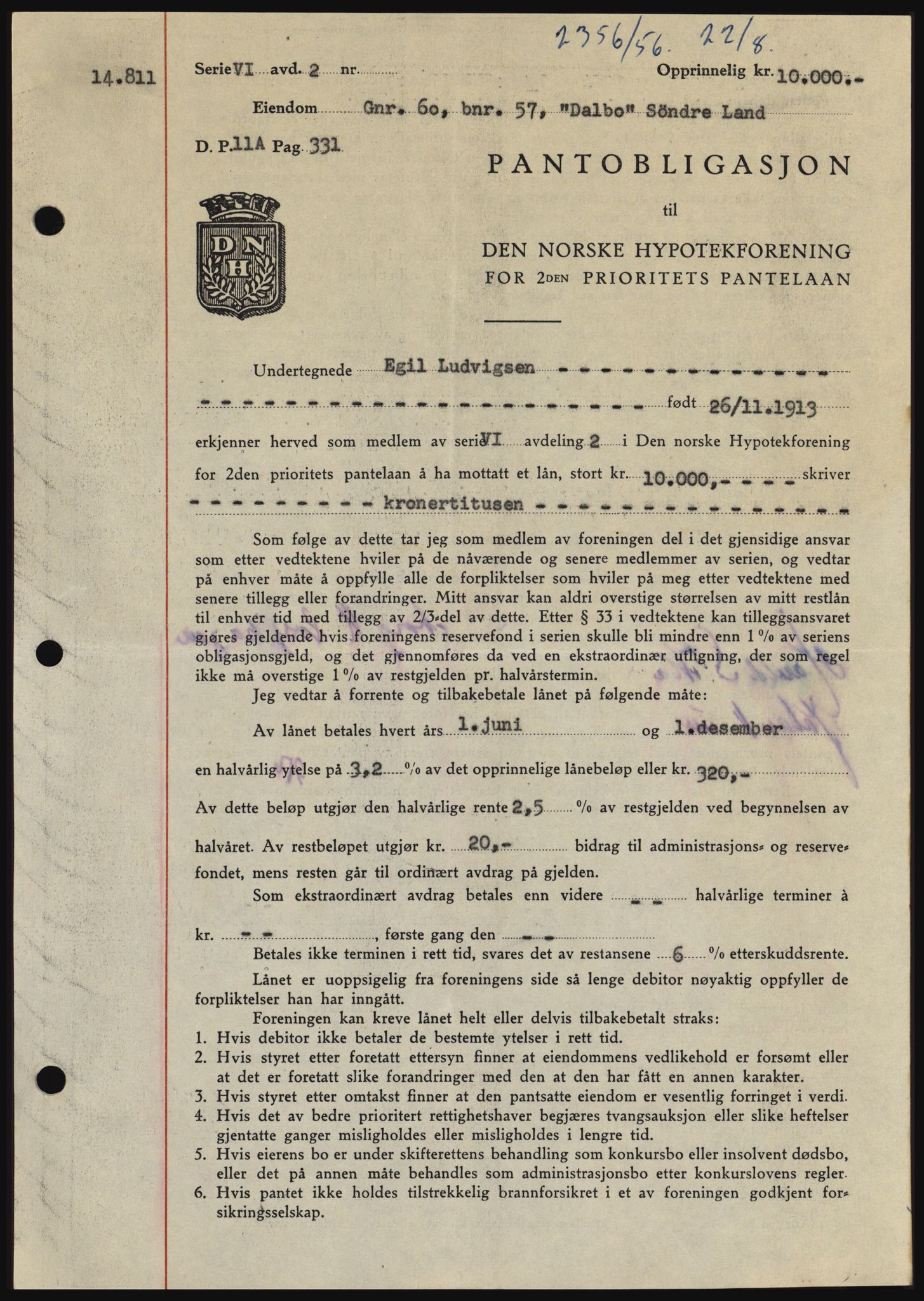 Hadeland og Land tingrett, SAH/TING-010/H/Hb/Hbc/L0034: Mortgage book no. B34, 1956-1956, Diary no: : 2356/1956