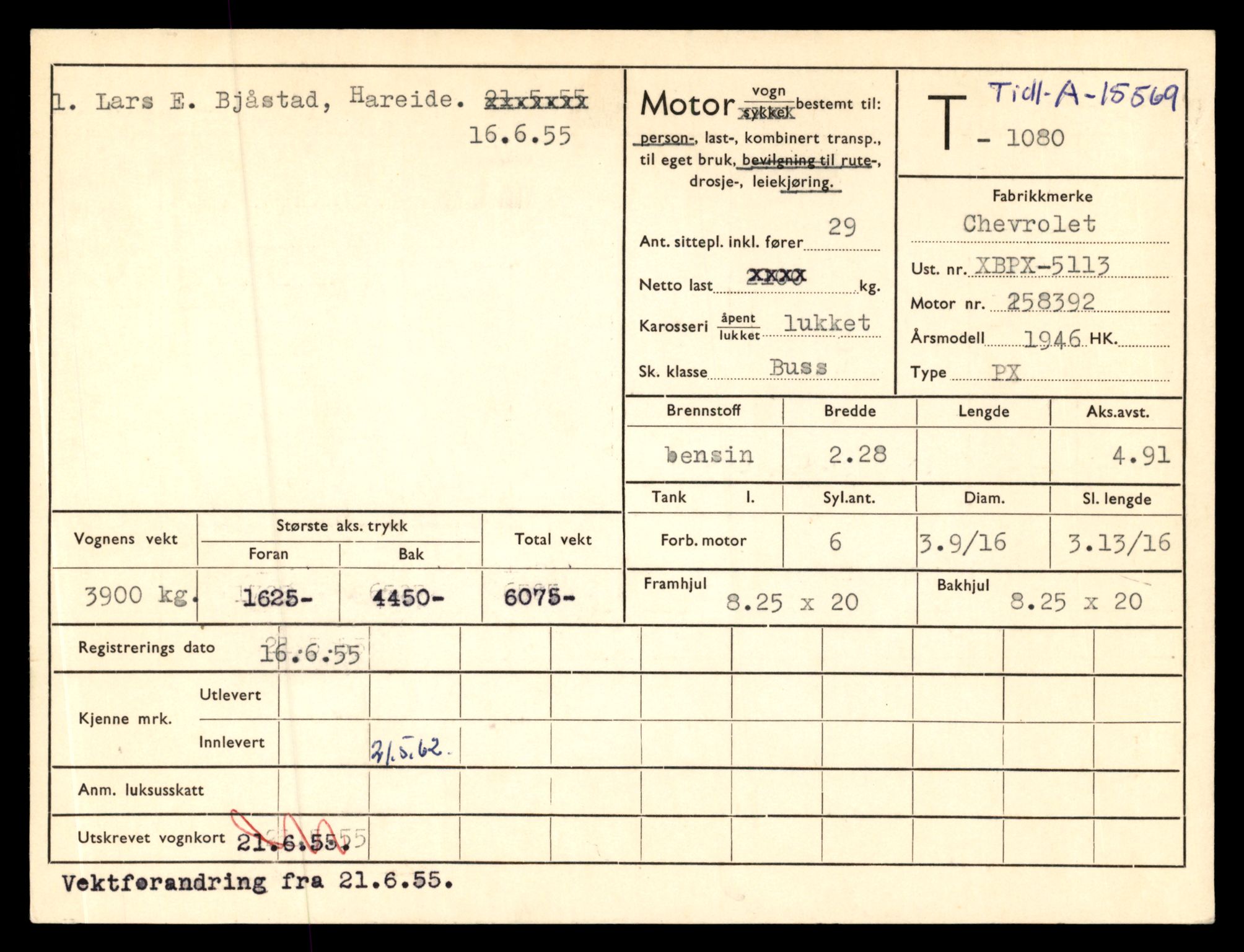 Møre og Romsdal vegkontor - Ålesund trafikkstasjon, AV/SAT-A-4099/F/Fe/L0010: Registreringskort for kjøretøy T 1050 - T 1169, 1927-1998, p. 848