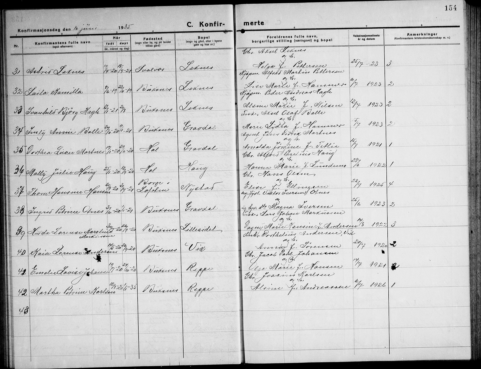 Ministerialprotokoller, klokkerbøker og fødselsregistre - Nordland, AV/SAT-A-1459/881/L1170: Parish register (copy) no. 881C07, 1930-1943, p. 154