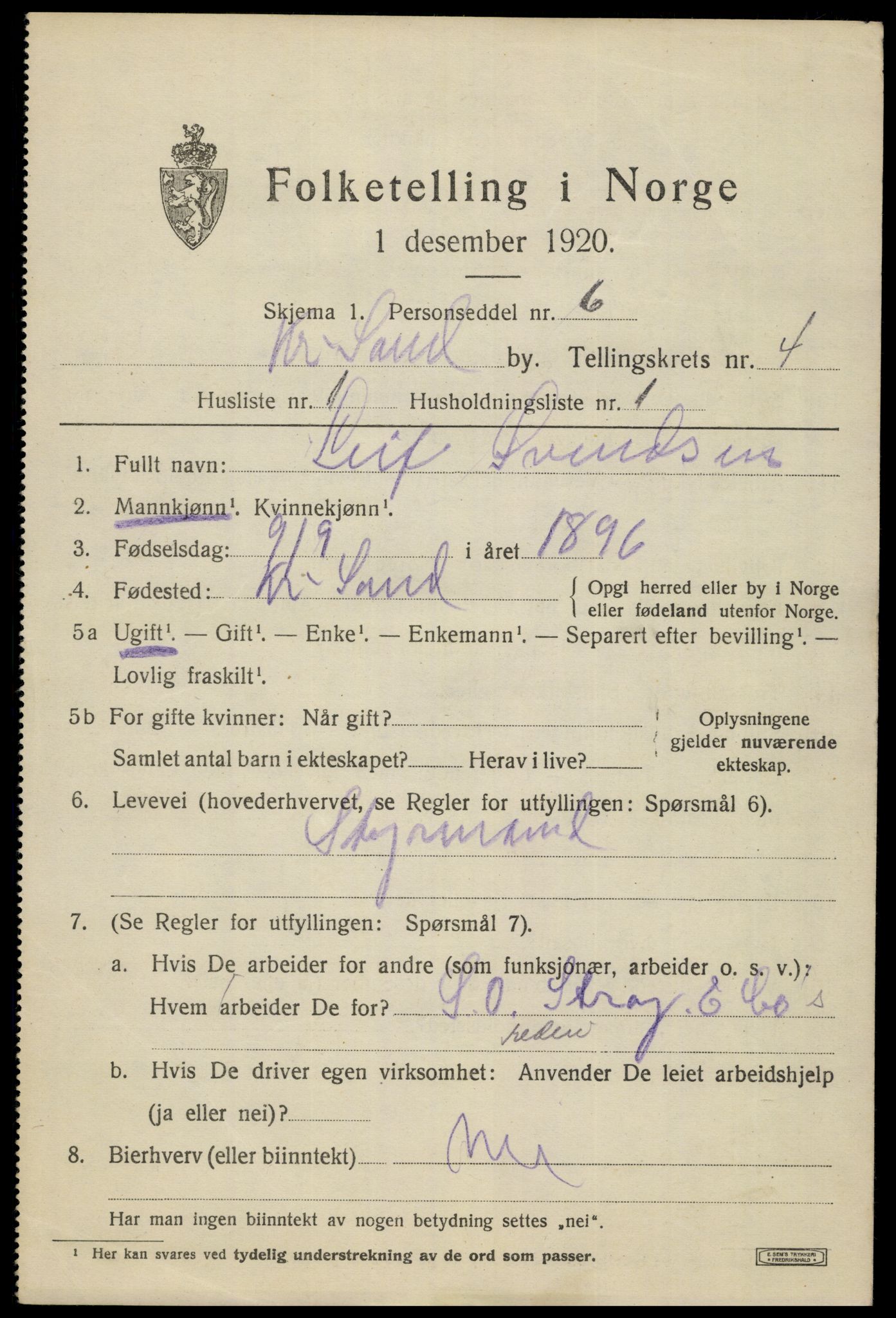 SAK, 1920 census for Kristiansand, 1920, p. 15335