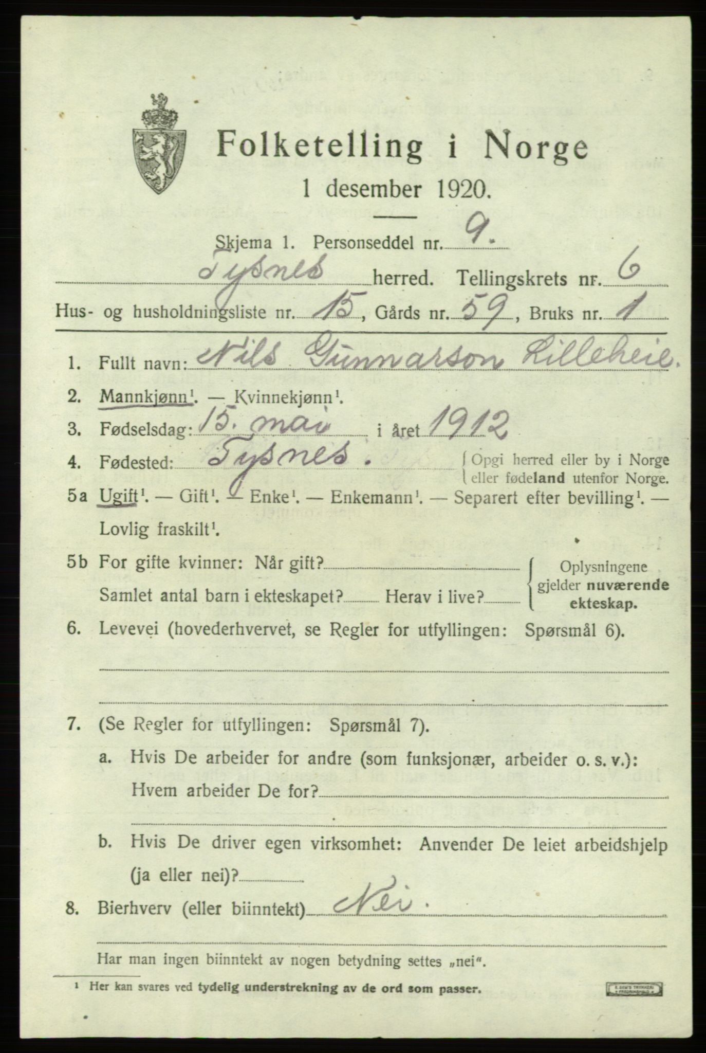 SAB, 1920 census for Tysnes, 1920, p. 4556