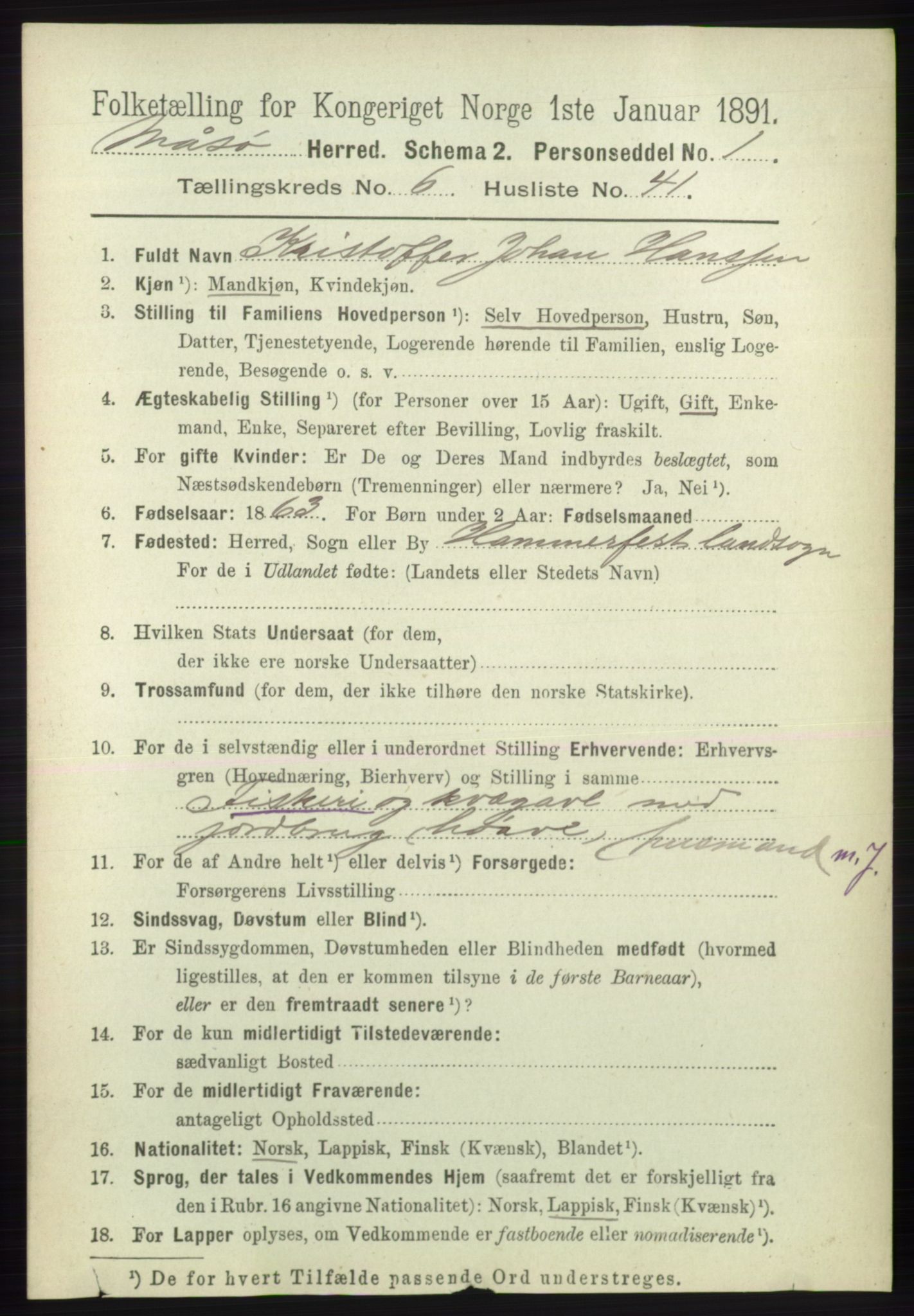 RA, 1891 census for 2018 Måsøy, 1891, p. 1370
