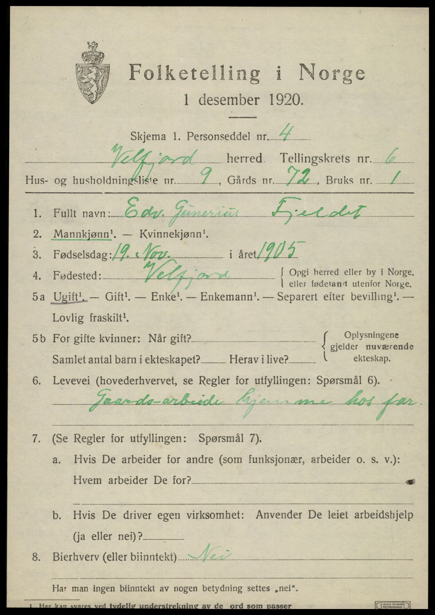 SAT, 1920 census for Velfjord, 1920, p. 3495