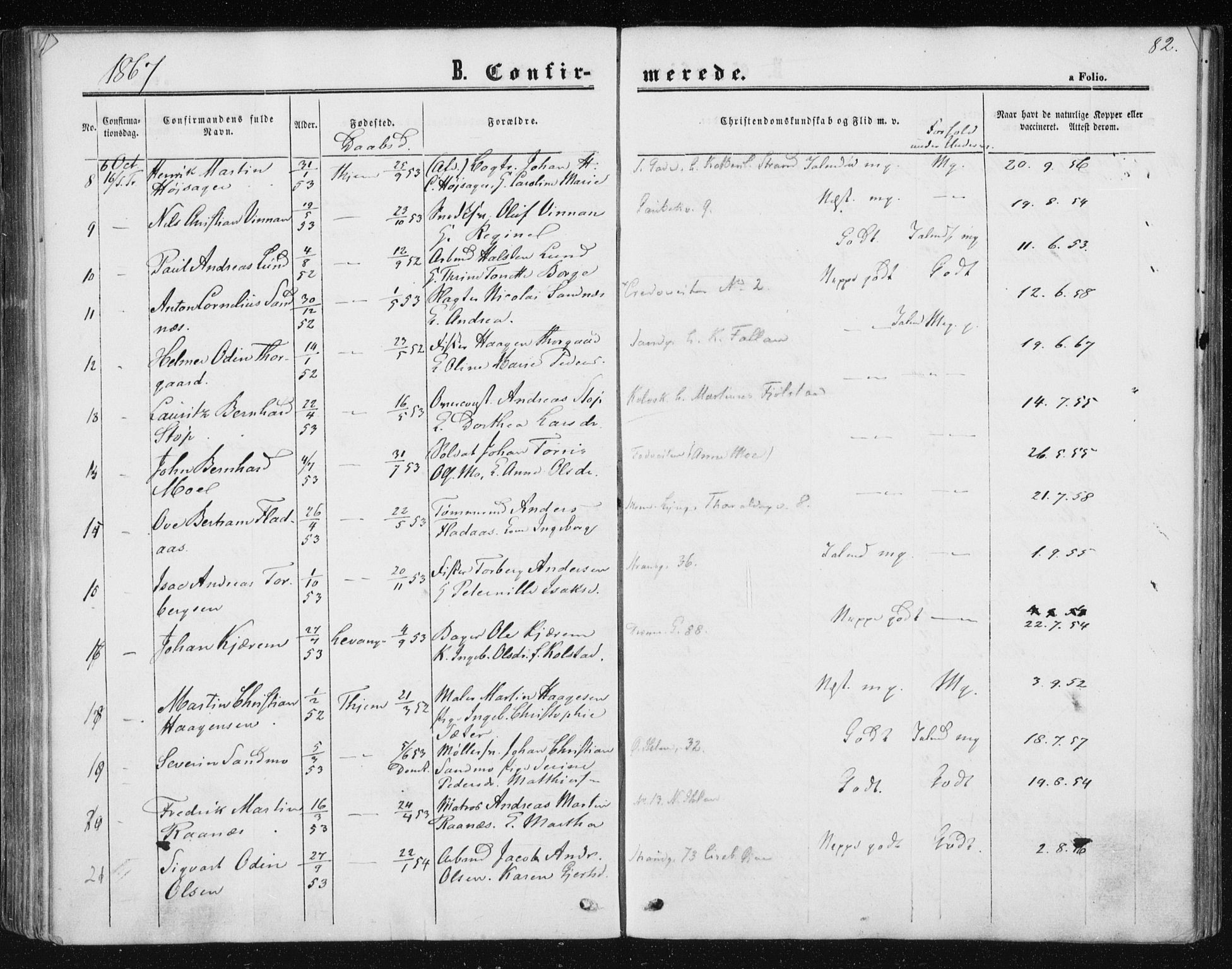 Ministerialprotokoller, klokkerbøker og fødselsregistre - Sør-Trøndelag, AV/SAT-A-1456/602/L0114: Parish register (official) no. 602A12, 1856-1872, p. 82