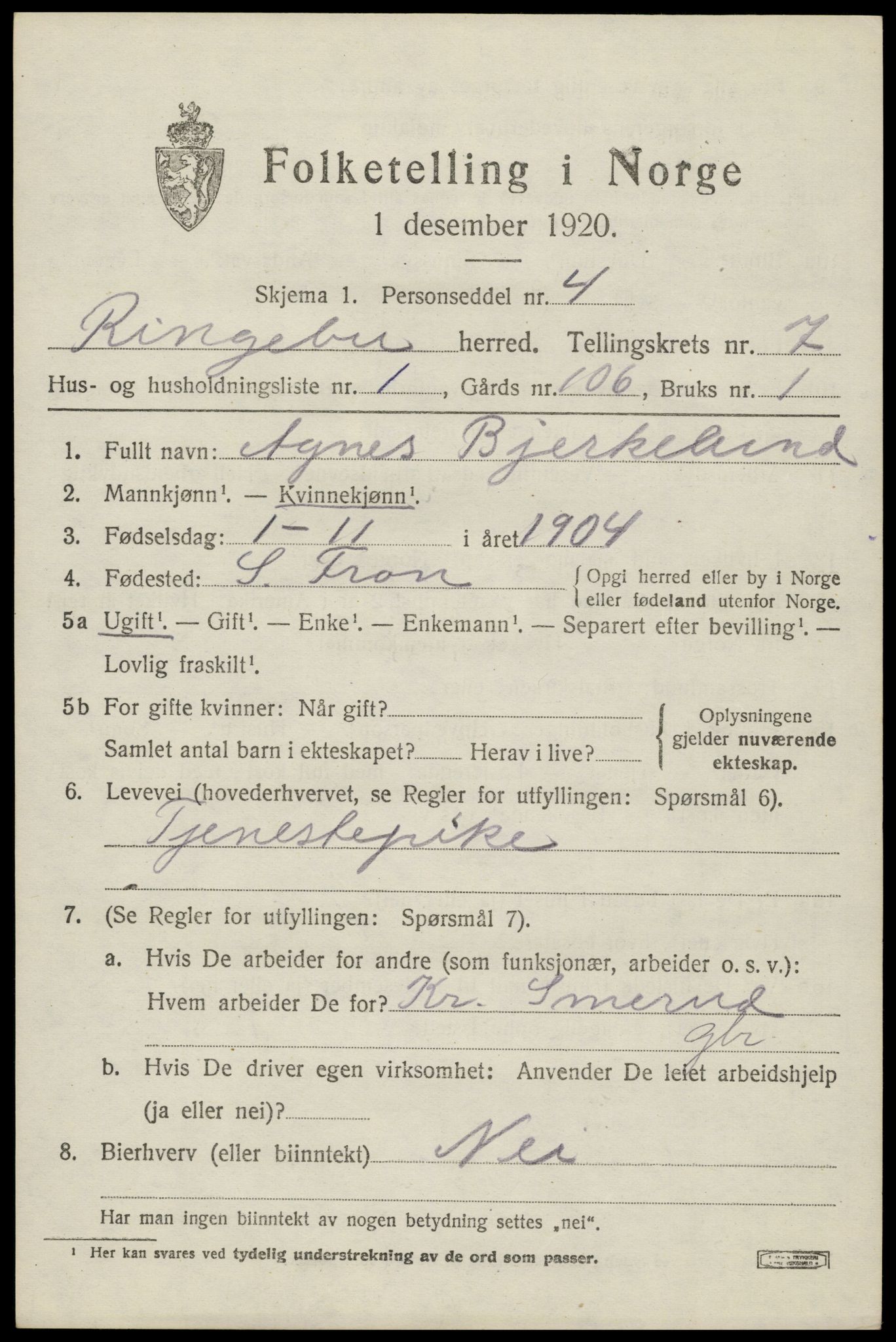 SAH, 1920 census for Ringebu, 1920, p. 7379