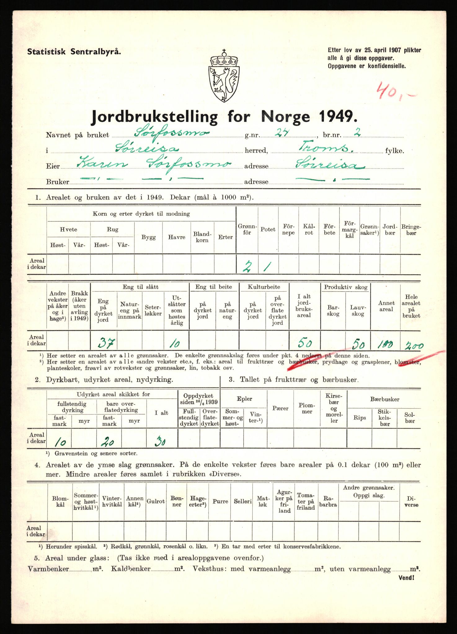 Statistisk sentralbyrå, Næringsøkonomiske emner, Jordbruk, skogbruk, jakt, fiske og fangst, AV/RA-S-2234/G/Gc/L0440: Troms: Sørreisa og Dyrøy, 1949, p. 547