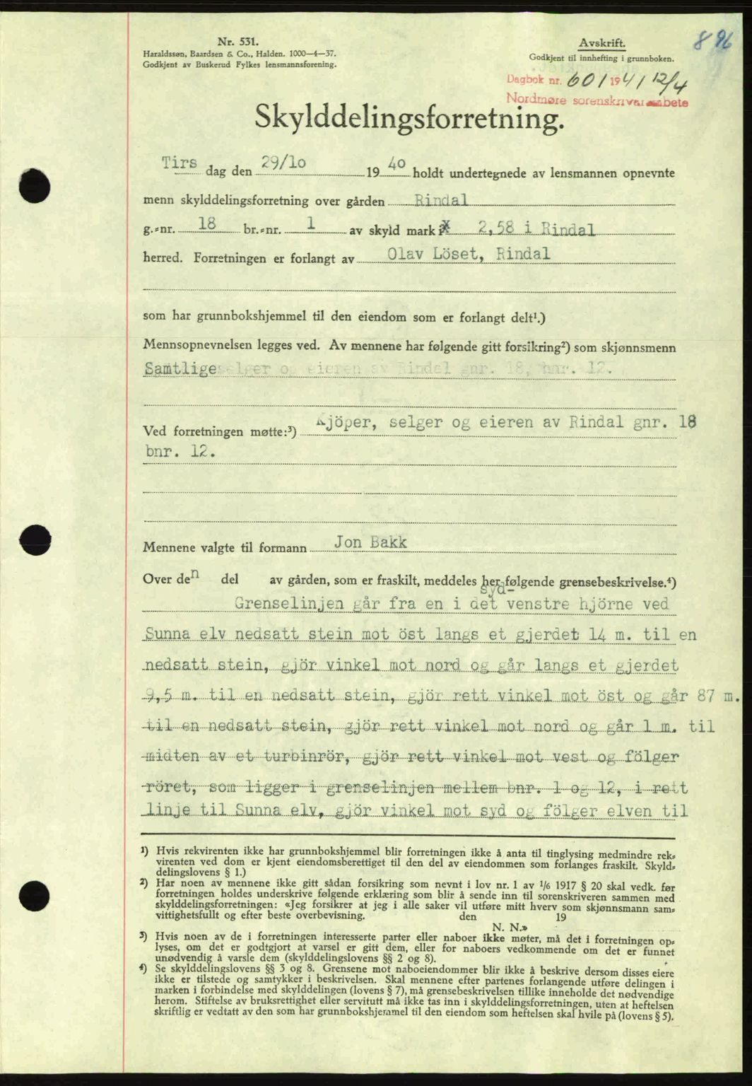 Nordmøre sorenskriveri, SAT/A-4132/1/2/2Ca: Mortgage book no. A89, 1940-1941, Diary no: : 601/1941