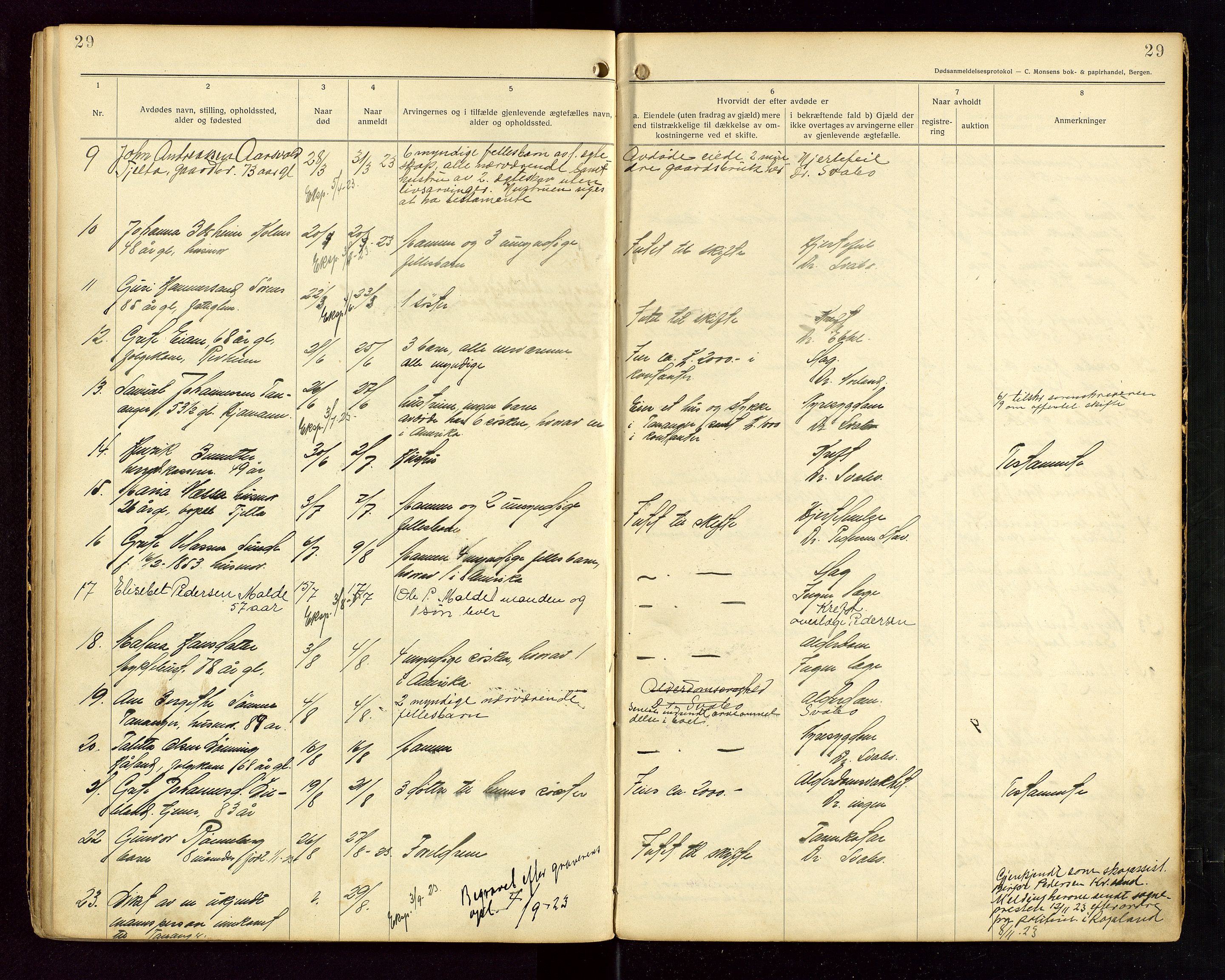 Håland lensmannskontor, AV/SAST-A-100100/Gga/L0002: "Dødsanmeldelser fra 6/9 1916 til 1926 i Haaland", 1916-1926, p. 29